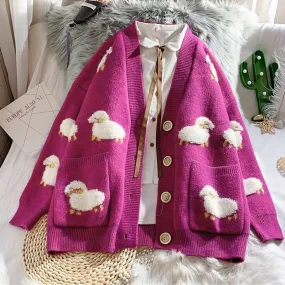 Autumn Winter Knitted Female Cardigan Loose Streetwear Knit Sweater Coat Cute Cartoon Print V Neck knitted cardigan Women Jacket