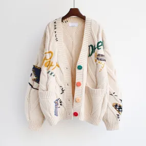Autumn Winter Women Cardigan Warm Knitted Sweater Jacket Pocket Embroidery Fashion Knit Cardigans Coat Lady Loose Sweaters