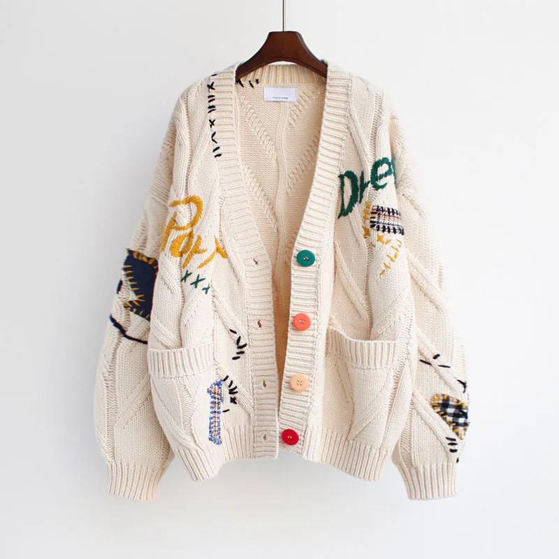 Autumn Winter Women Cardigan Warm Knitted Sweater Jacket Pocket Embroidery Fashion Knit Cardigans Coat Lady Loose Sweaters