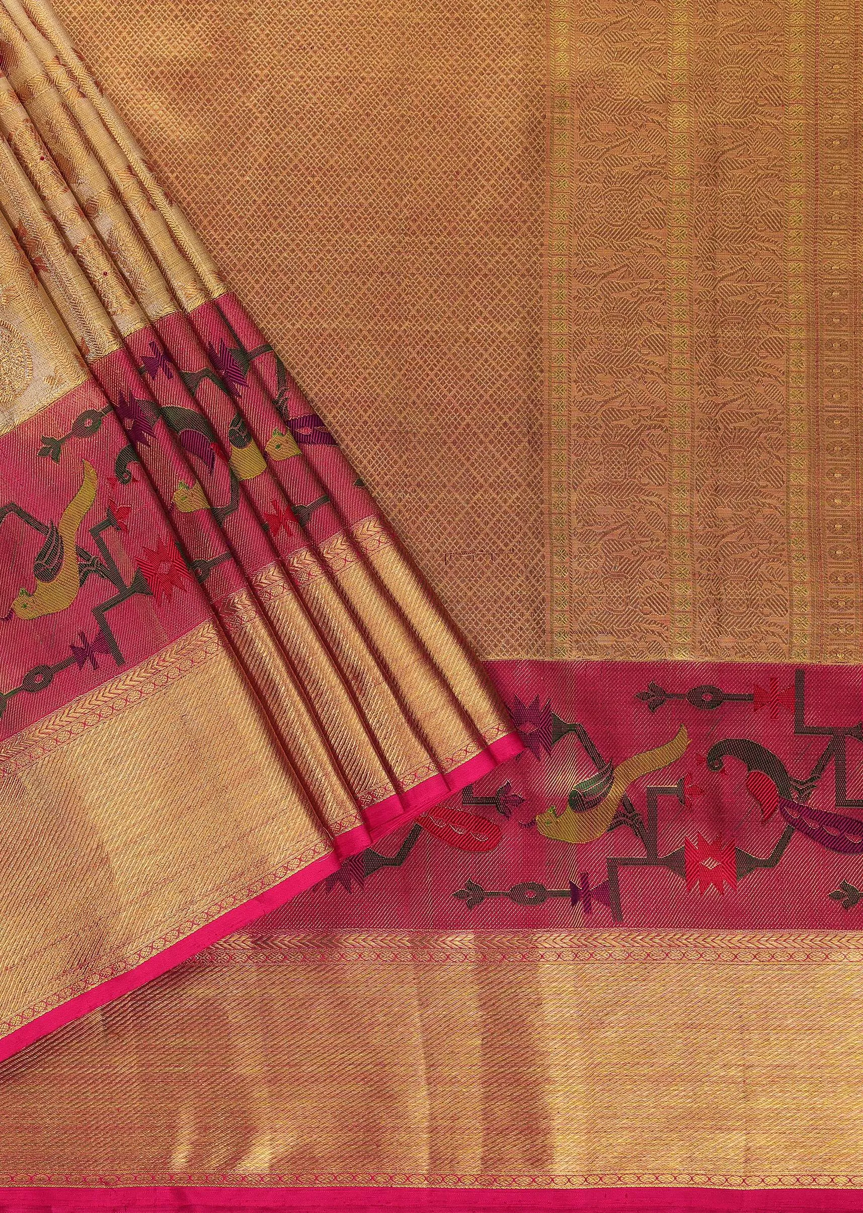 Azalea Pink Kanjivaram Saree In Tissue Silk With Real Gold 14gm Zari Weave And Unstitched Blouse