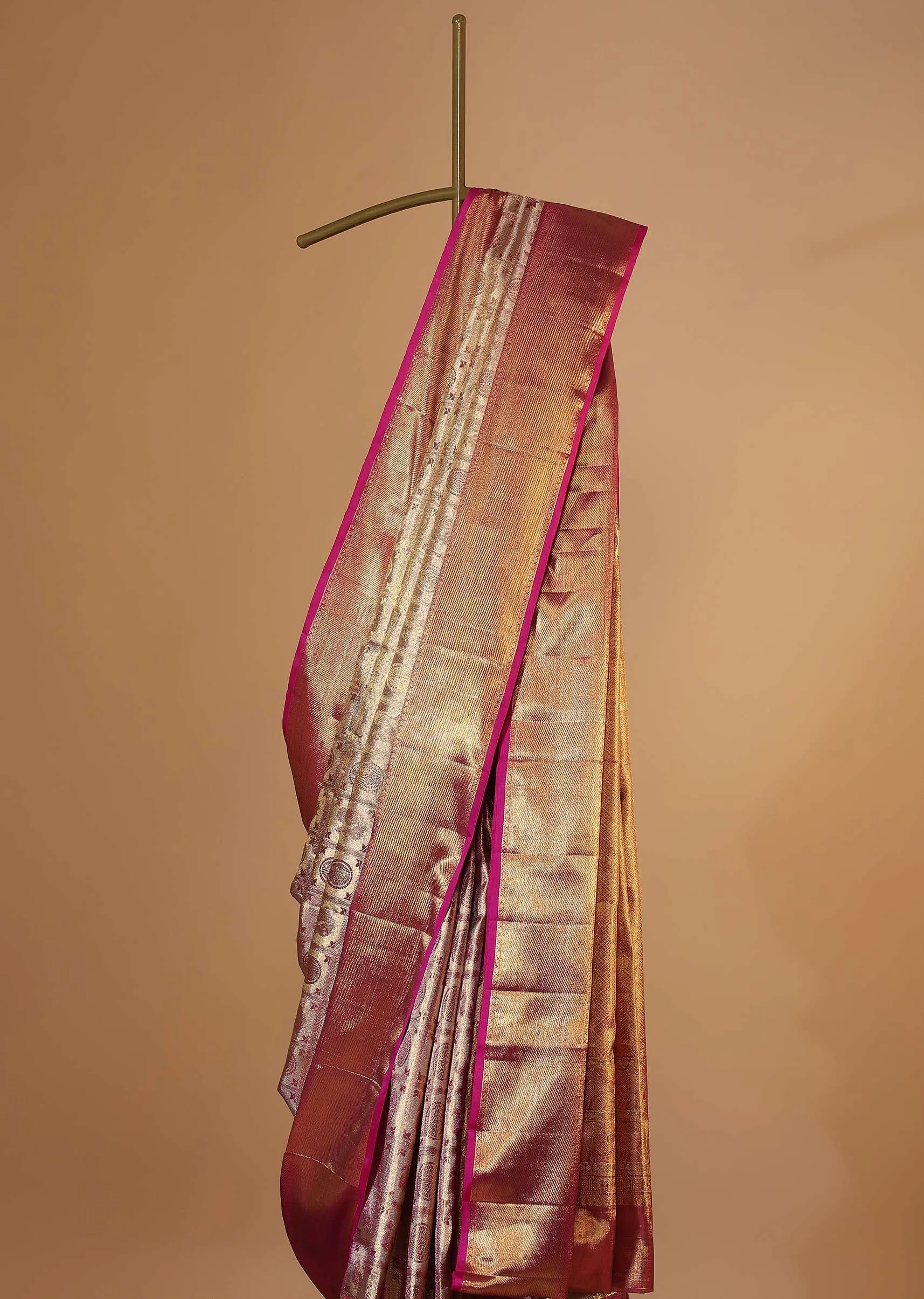 Azalea Pink Kanjivaram Saree In Tissue Silk With Real Gold 14gm Zari Weave And Unstitched Blouse