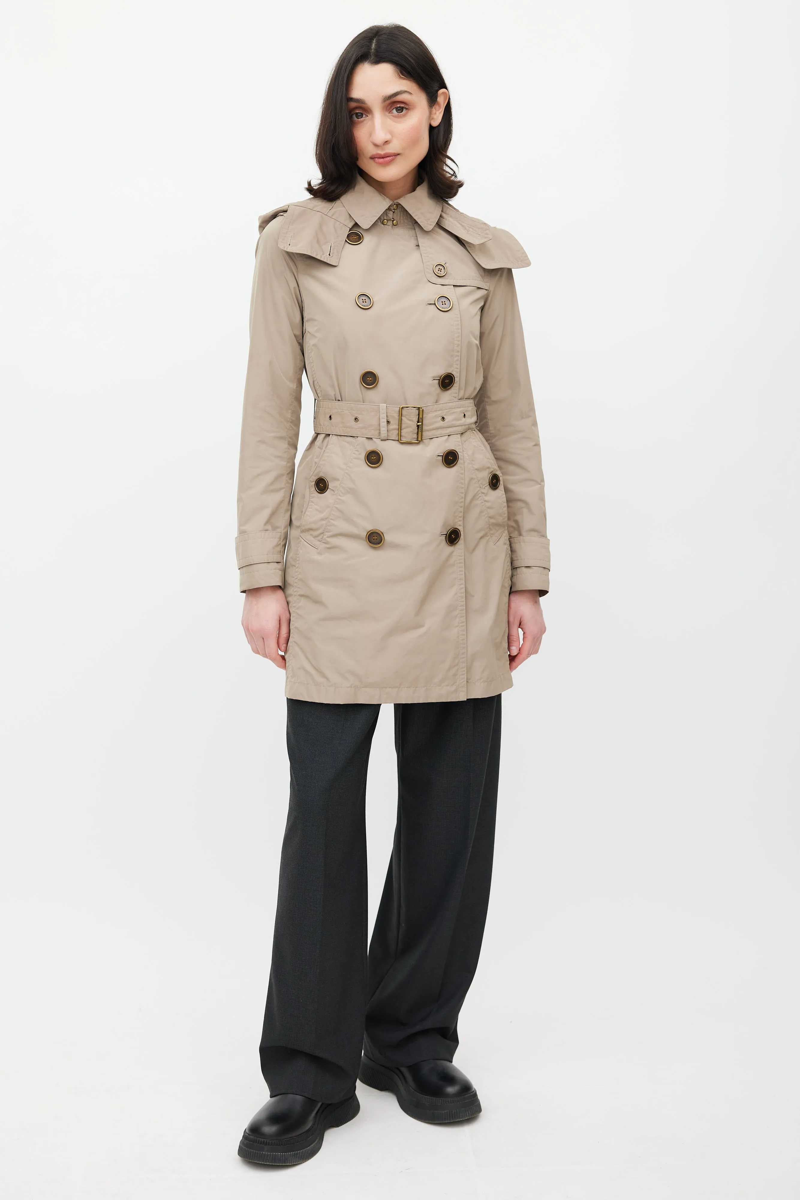 Beige Hooded Nylon Coat
