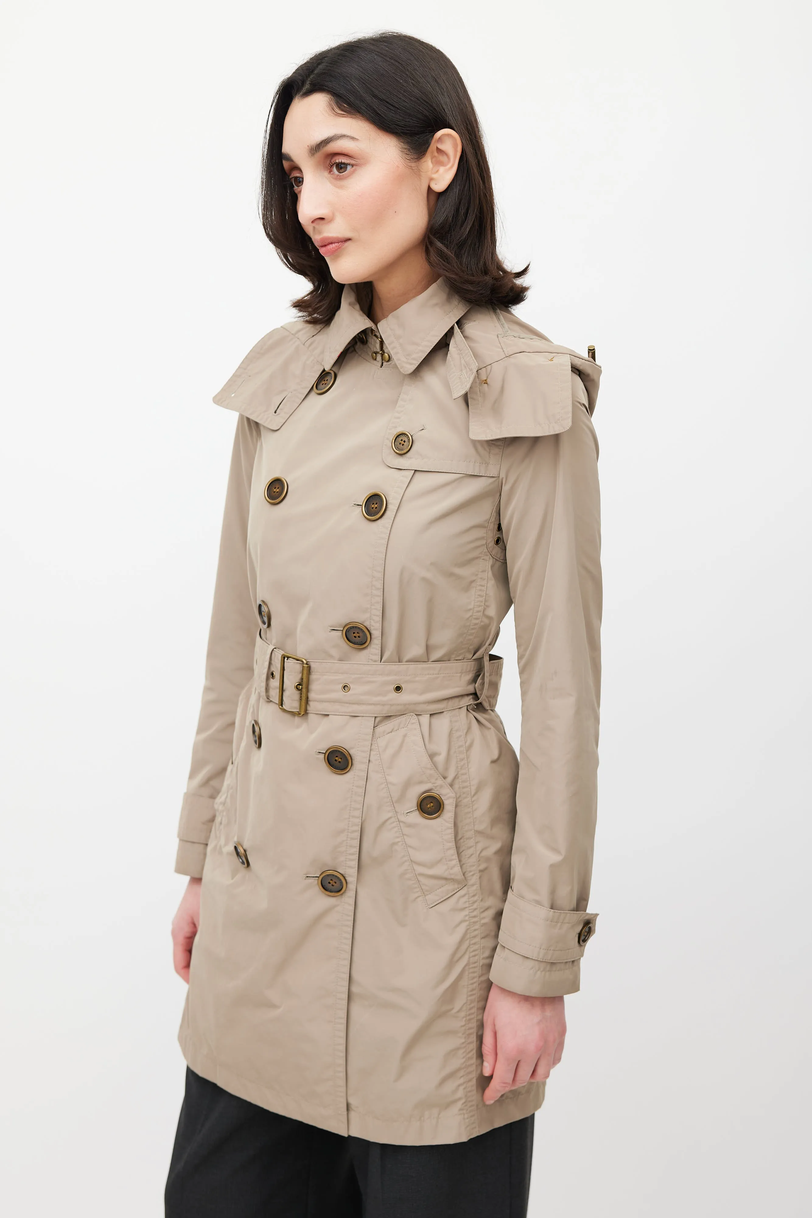 Beige Hooded Nylon Coat