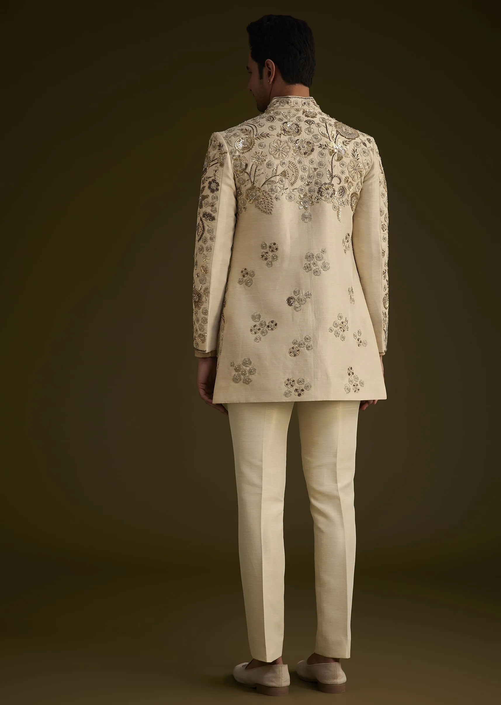 Beige Silk Indowestern Suit With Floral Zardosi Embroidery