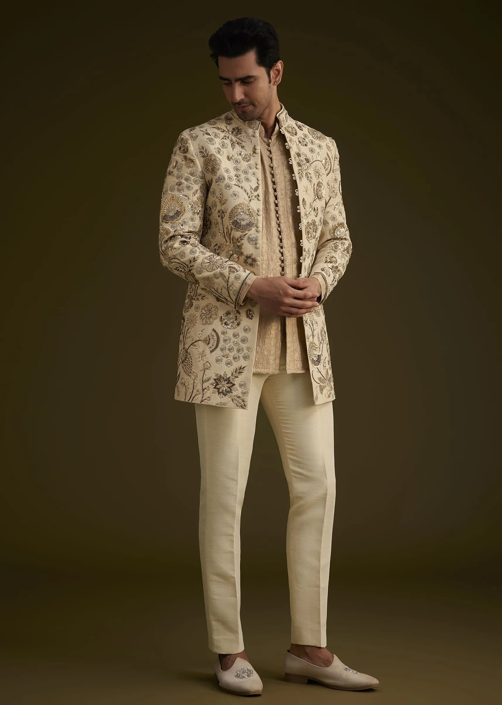 Beige Silk Indowestern Suit With Floral Zardosi Embroidery