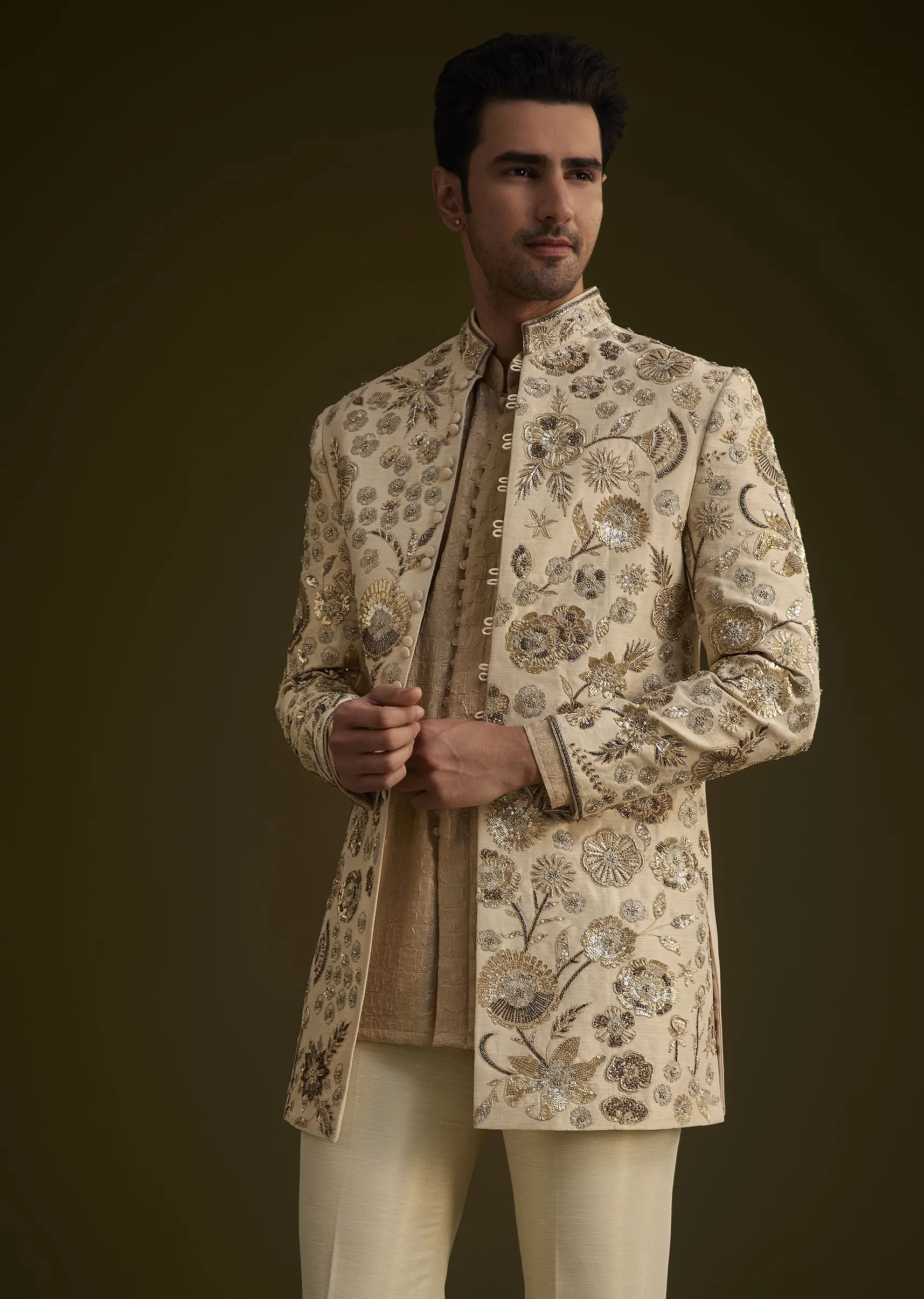 Beige Silk Indowestern Suit With Floral Zardosi Embroidery