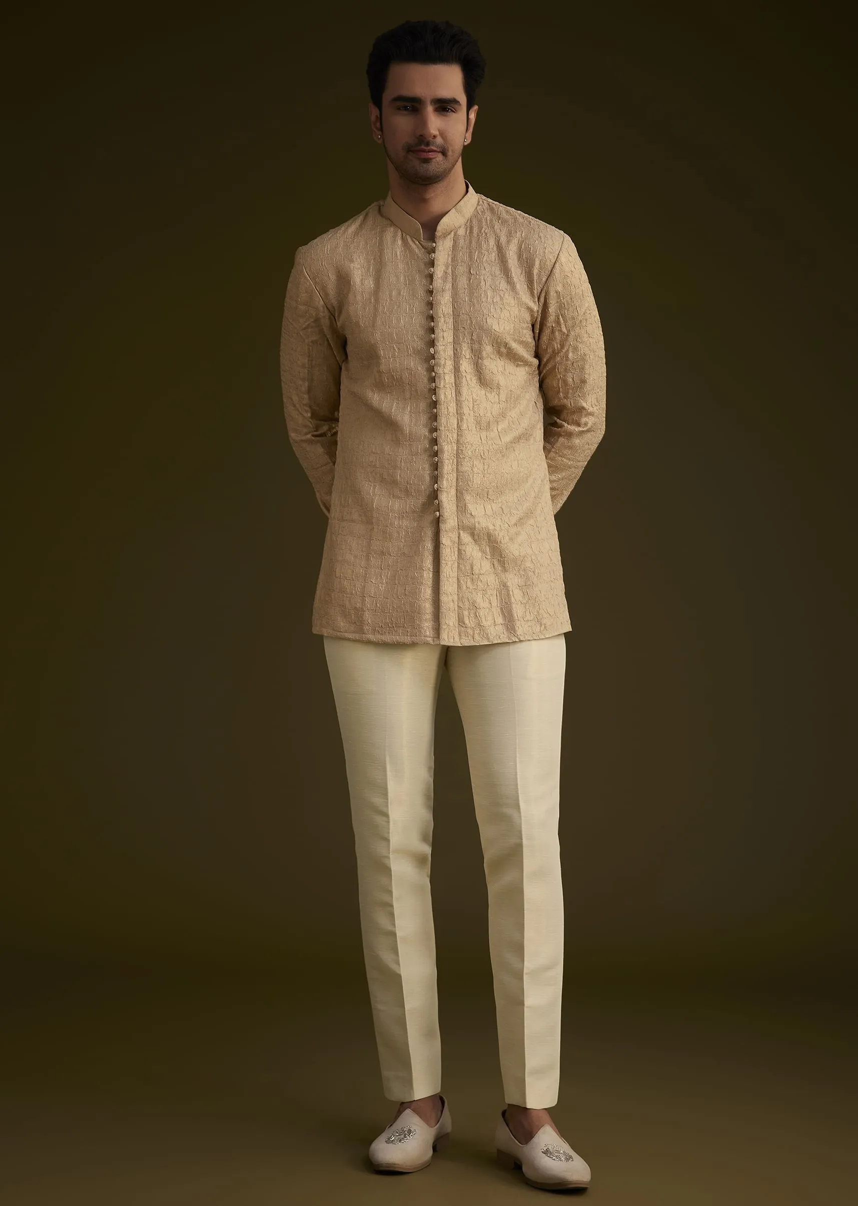 Beige Silk Indowestern Suit With Floral Zardosi Embroidery