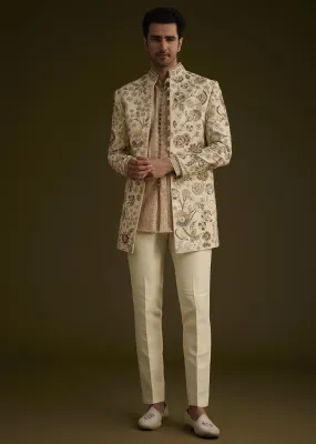Beige Silk Indowestern Suit With Floral Zardosi Embroidery