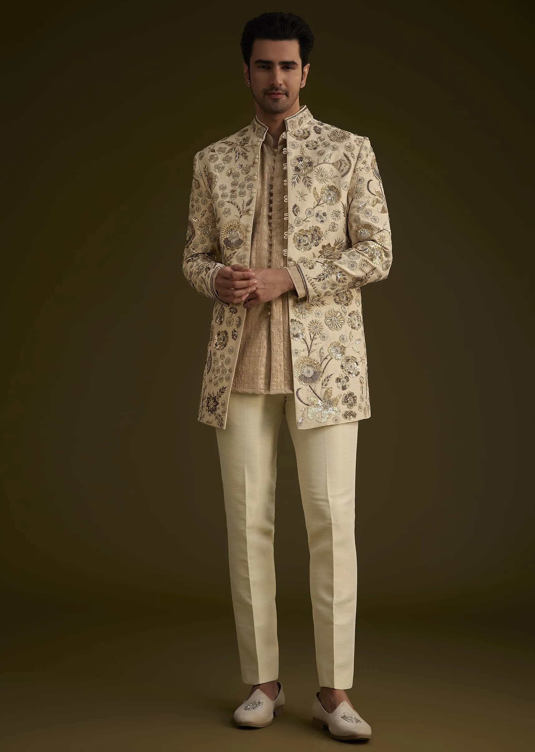 Beige Silk Indowestern Suit With Floral Zardosi Embroidery