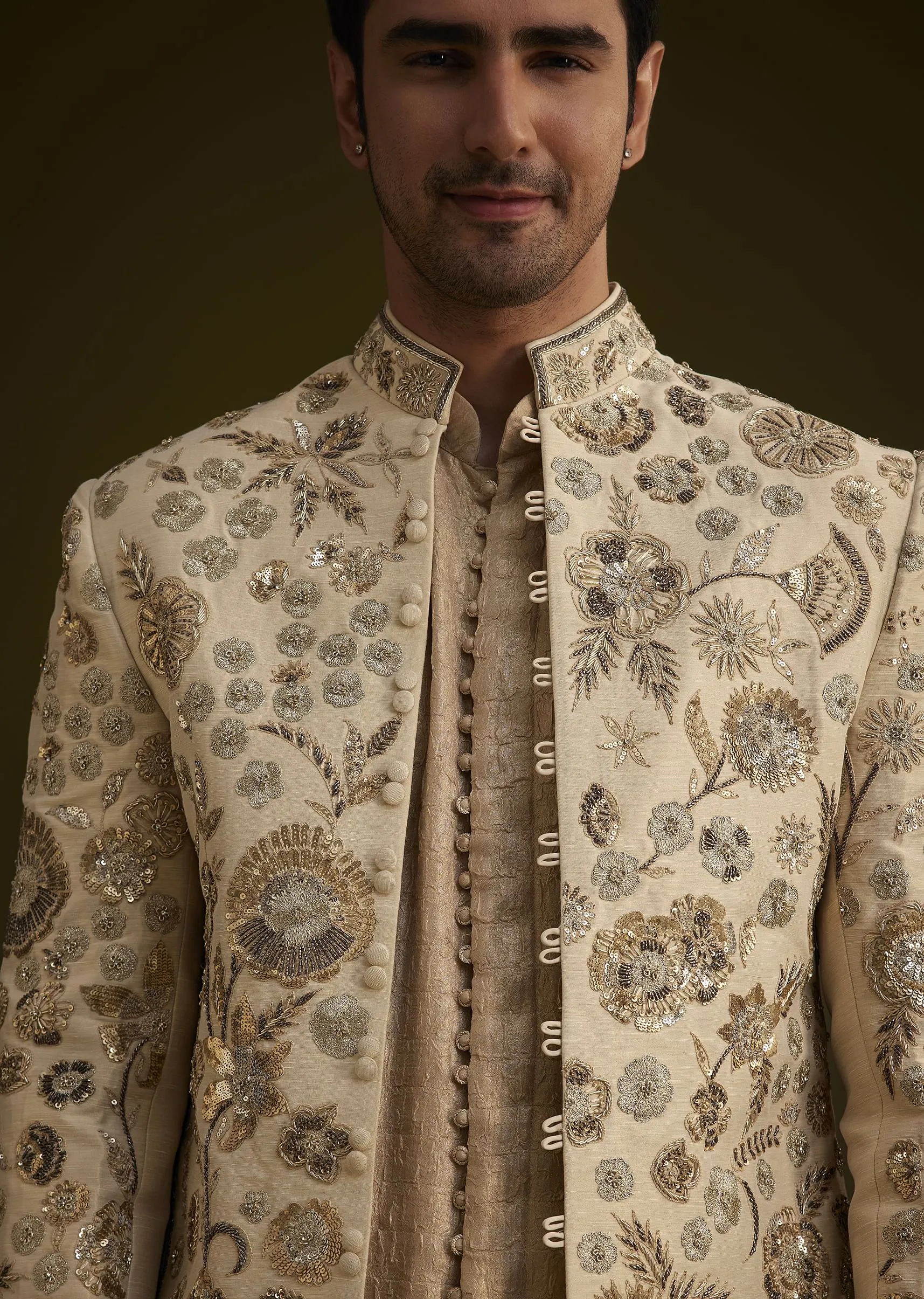Beige Silk Indowestern Suit With Floral Zardosi Embroidery