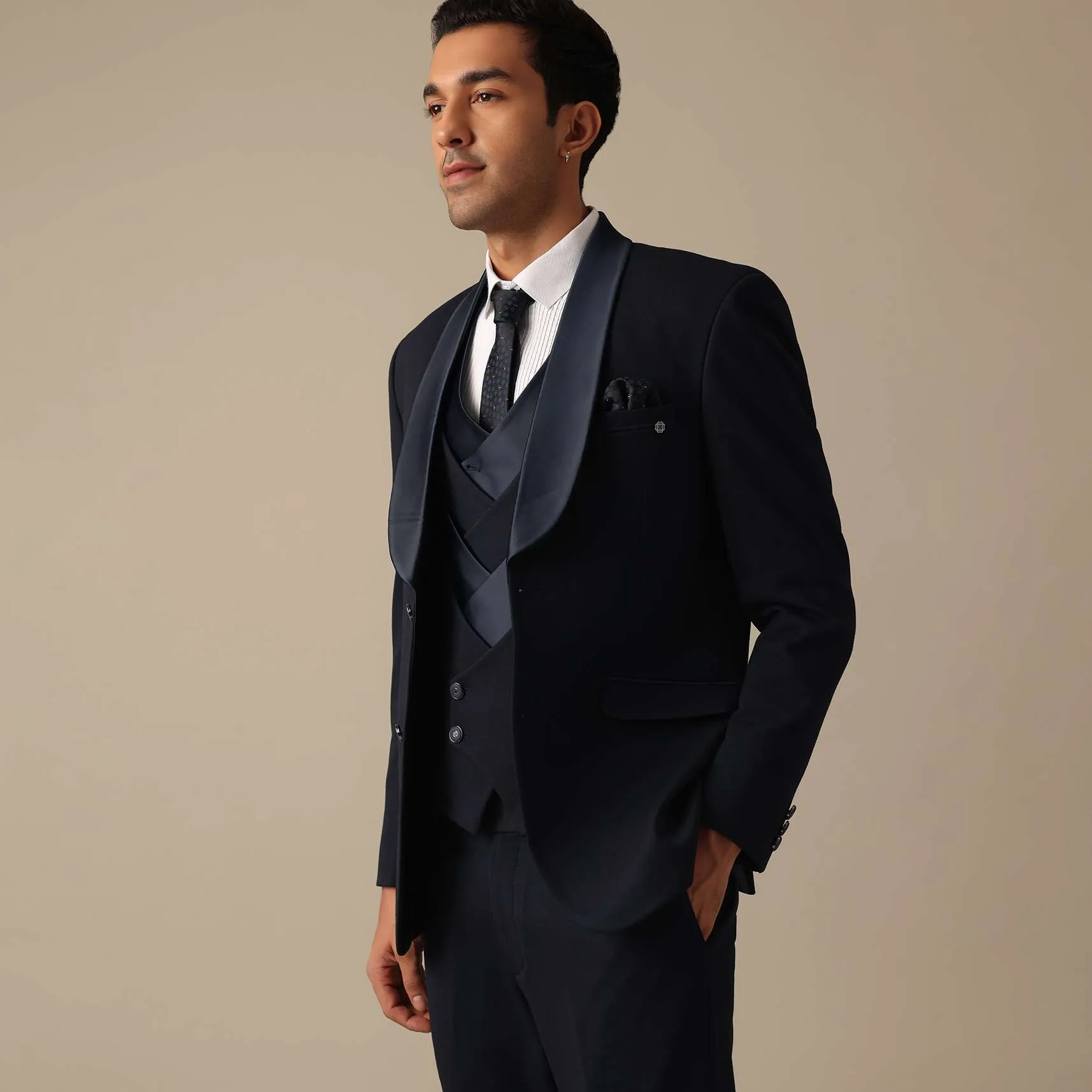 Blue Blazer And Pant Set Tuxedo With Criss Cross Detail