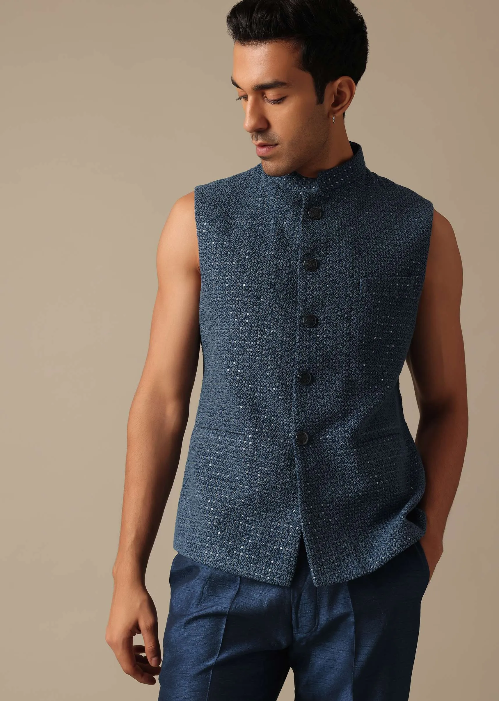Blue Chanderi Silk Indowestern Fusion Jacket Set