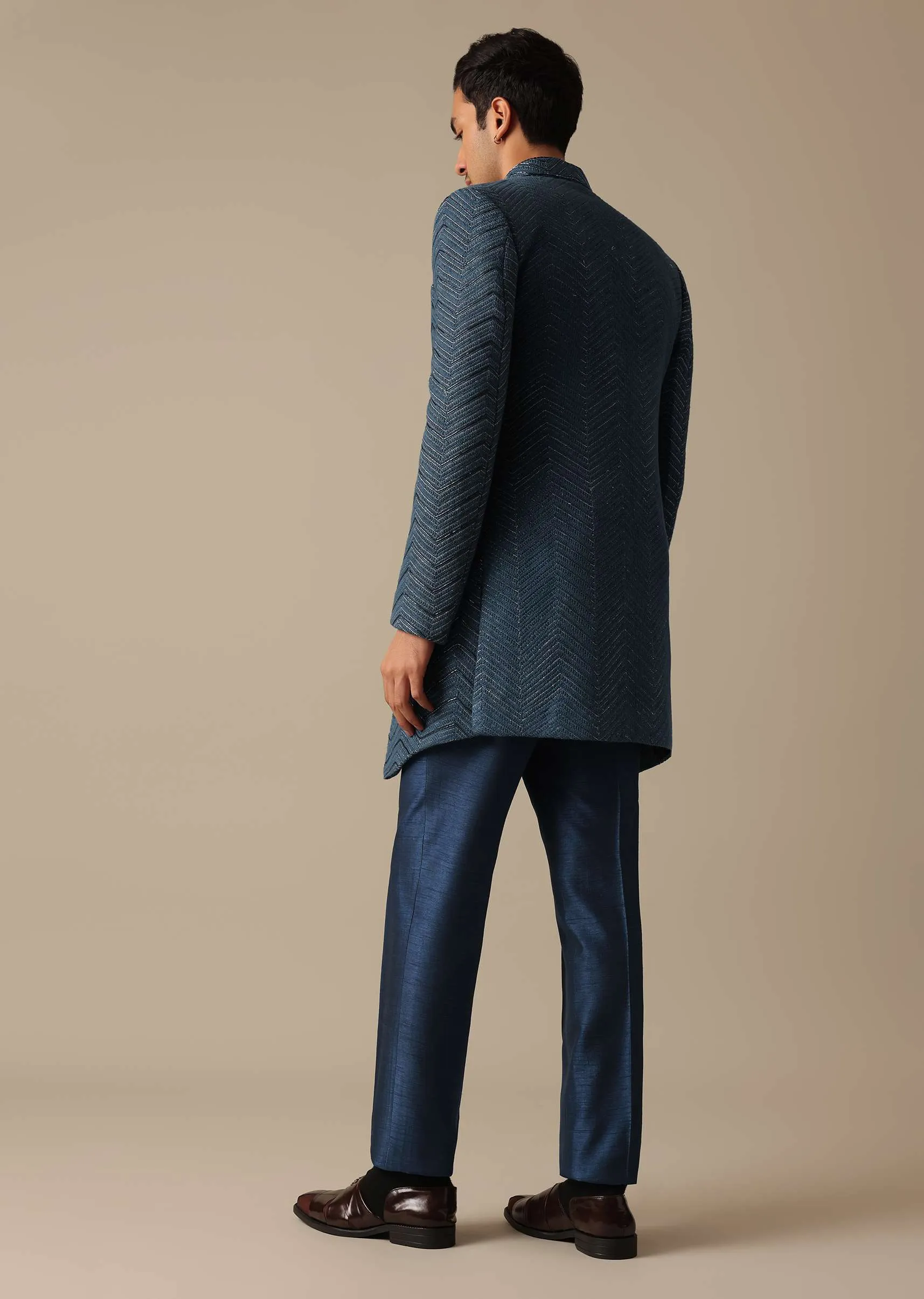 Blue Chanderi Silk Indowestern Fusion Jacket Set