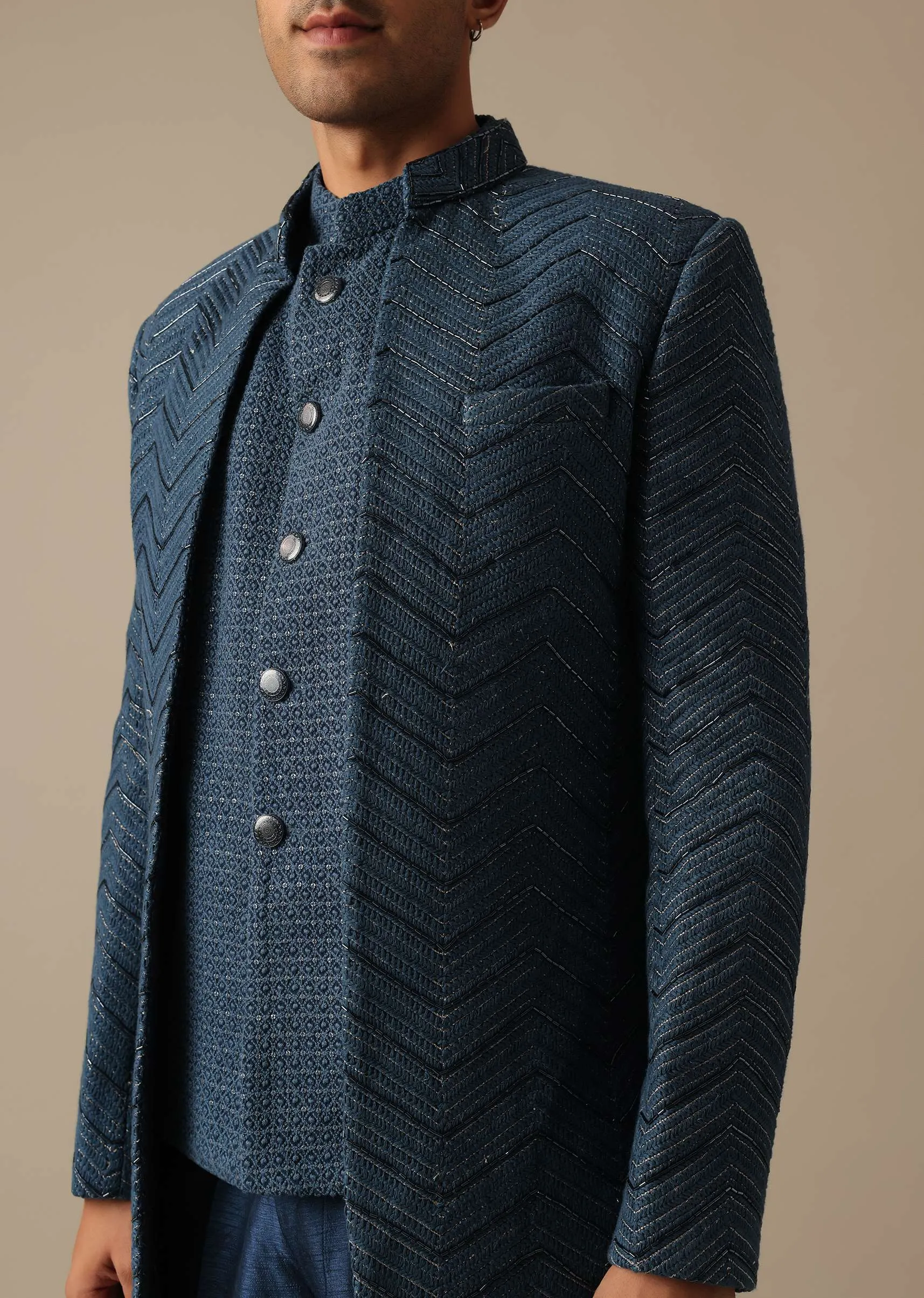 Blue Chanderi Silk Indowestern Fusion Jacket Set