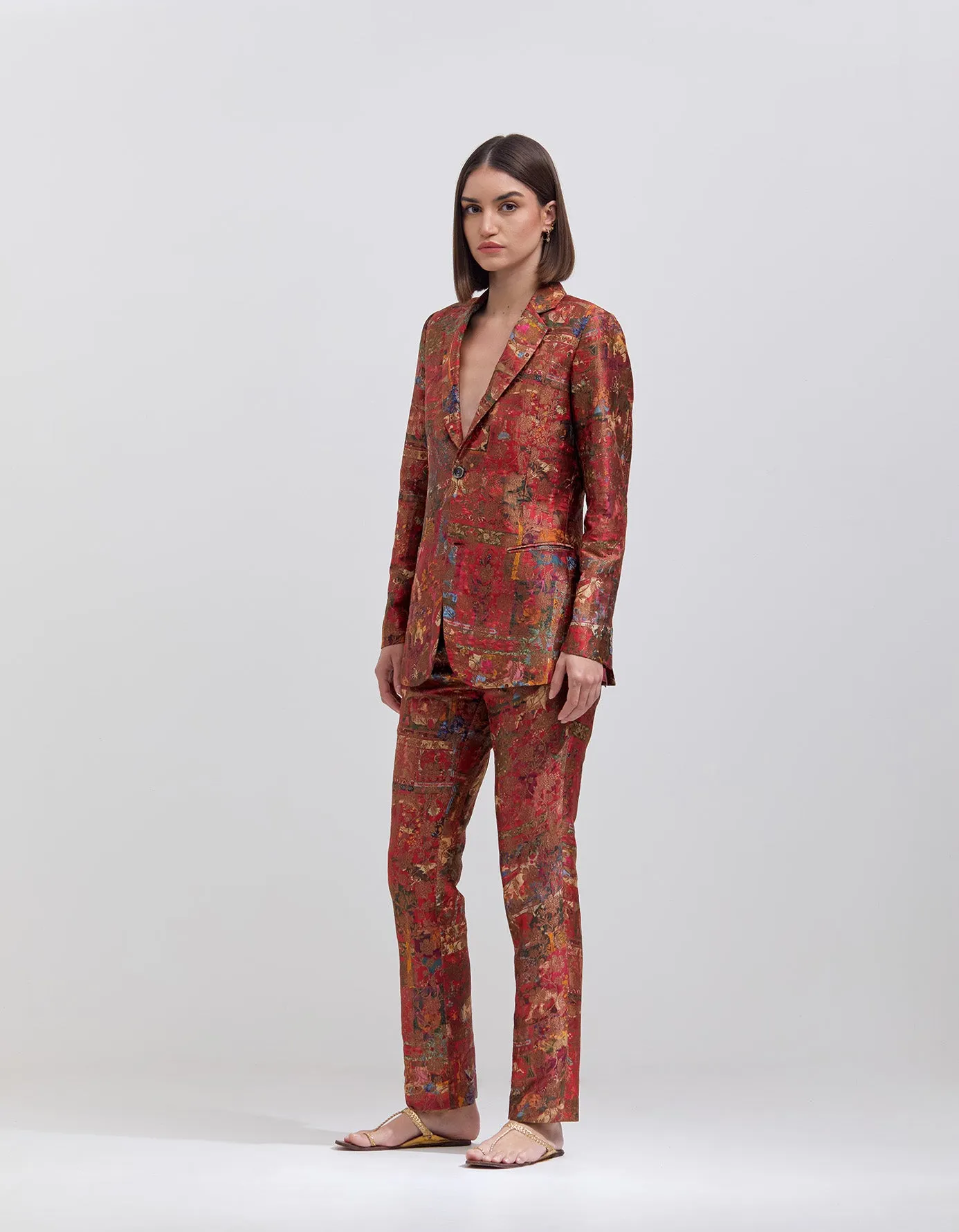 Boot Cut Trousers Silk Brocade Crimson