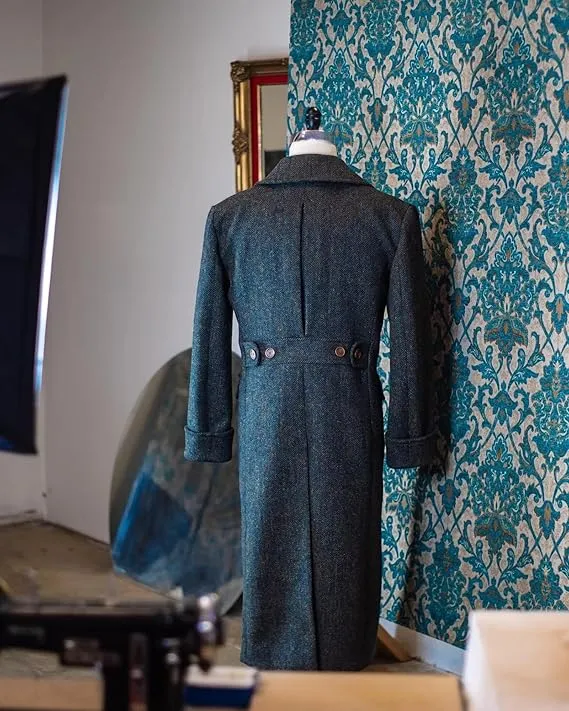 Casual Trench Coat Men Double Breasted Notch Collar Tweed Herringbone Coat Winter Wedding