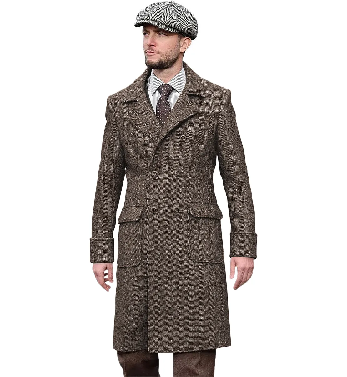 Casual Trench Coat Men Double Breasted Notch Collar Tweed Herringbone Coat Winter Wedding