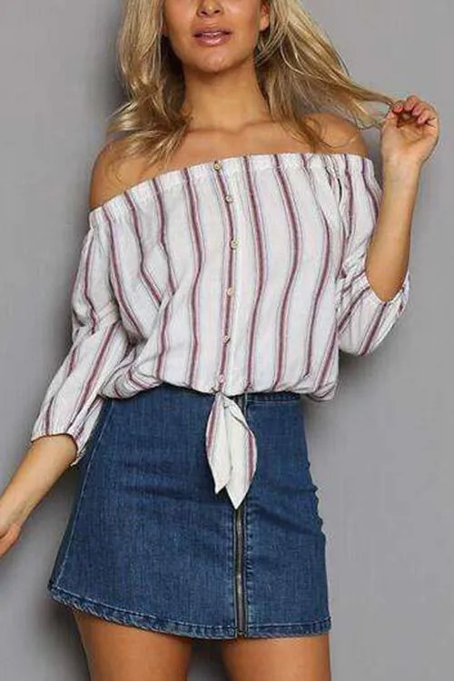 Custom Off The Shoulder Stripe 3/4 Sleeve Blouses