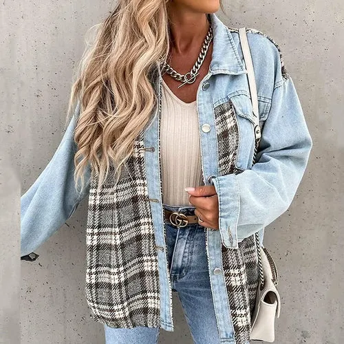 Denim Plaid Shirts Lapel Blouses and Tops