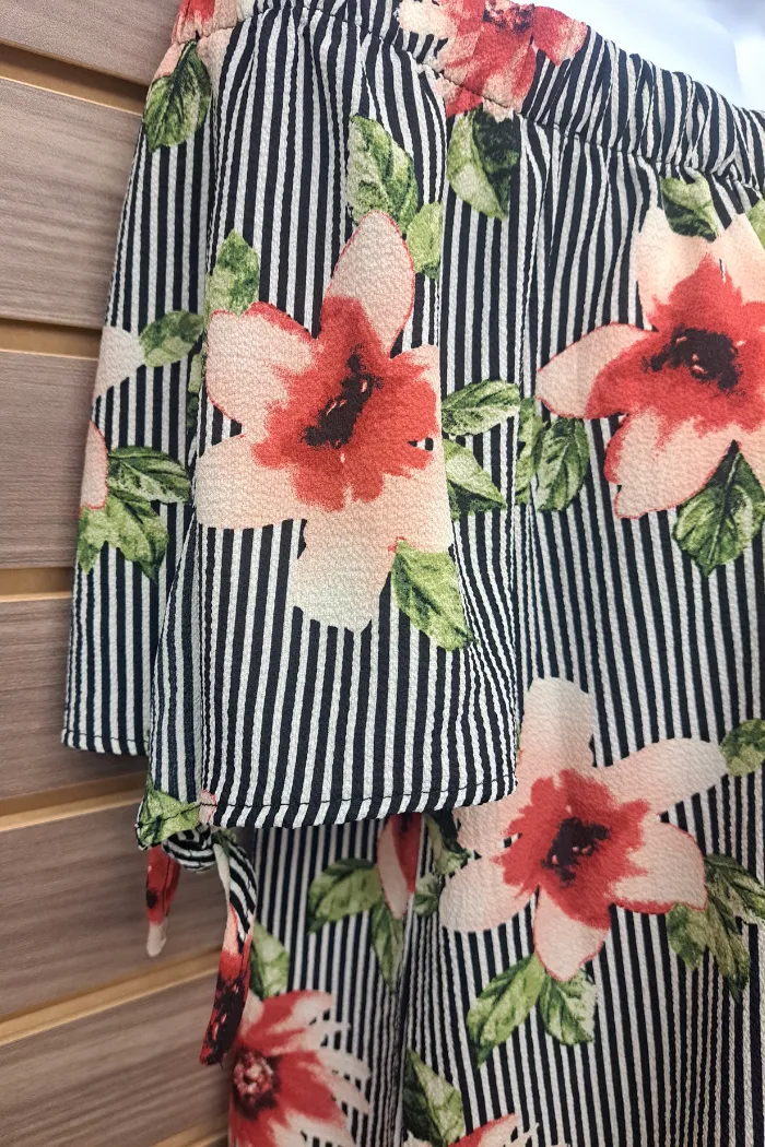 Floral stripe off shoulder tie sleeve