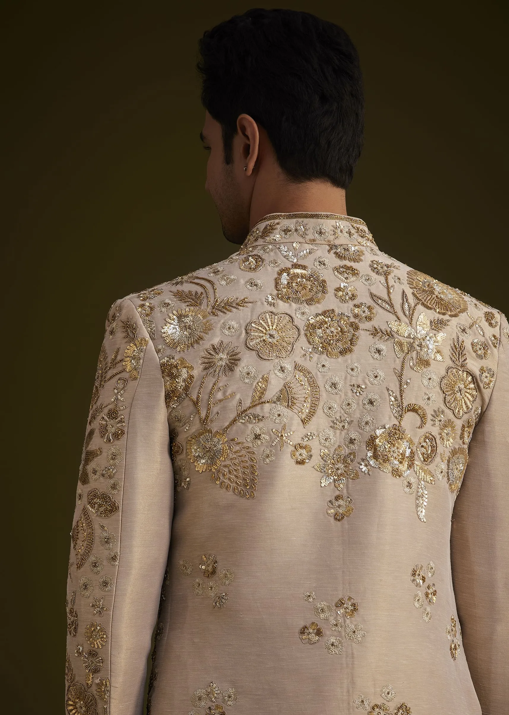 Gold Silk Indowestern Suit With Floral Zardosi Embroidery