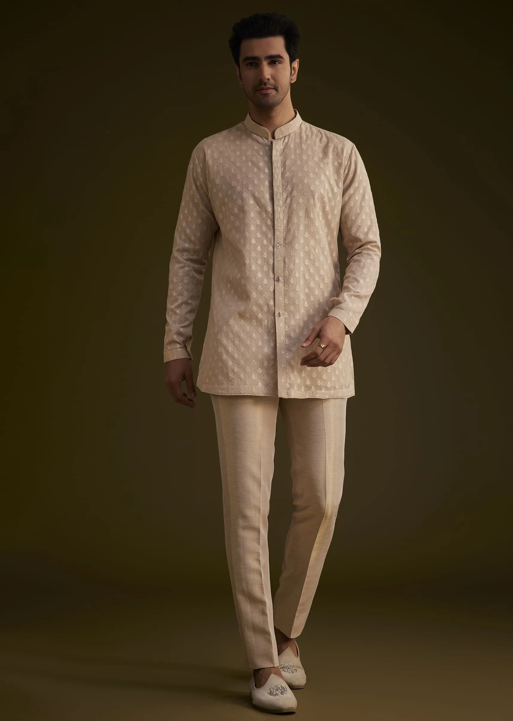 Gold Silk Indowestern Suit With Floral Zardosi Embroidery