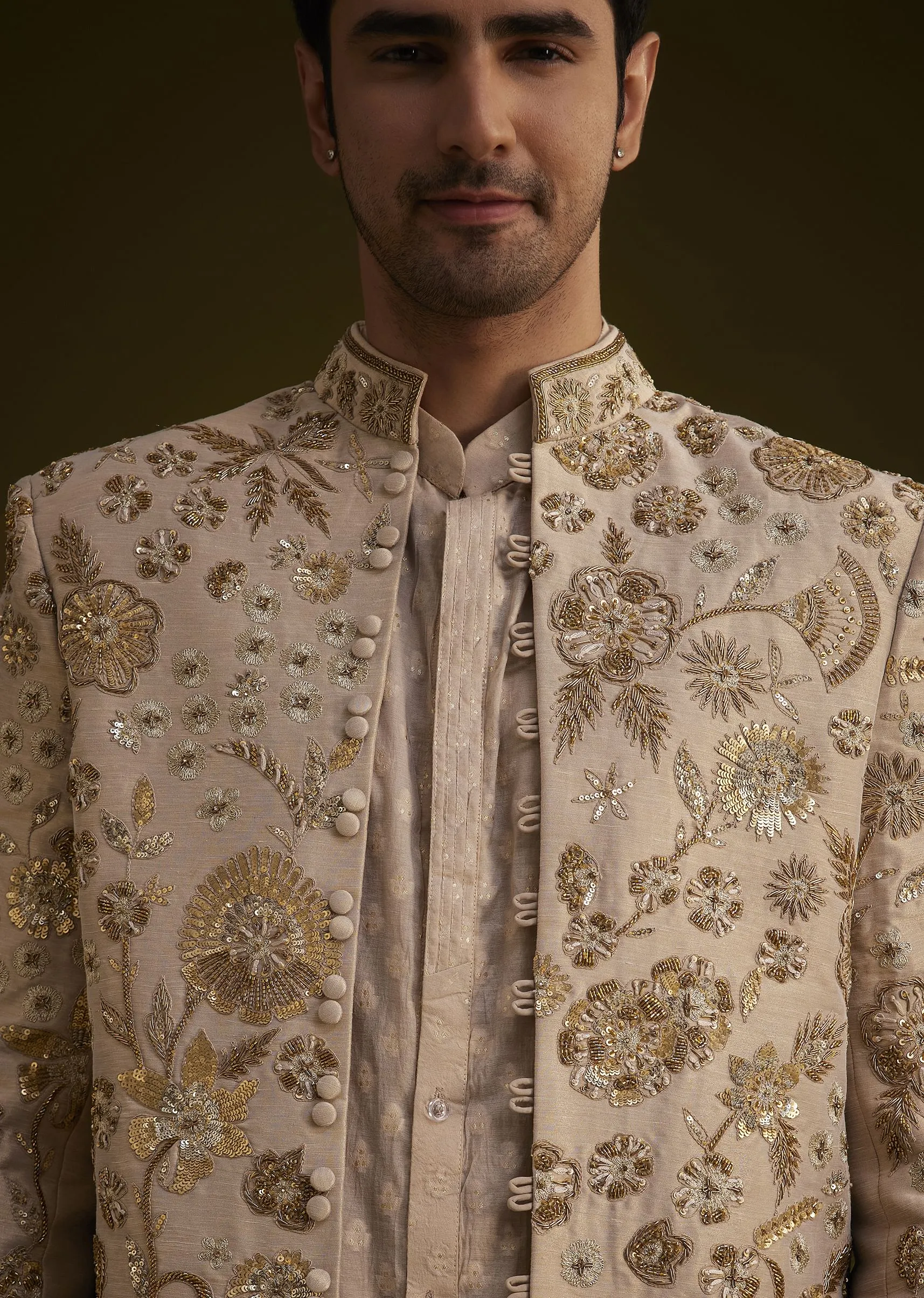 Gold Silk Indowestern Suit With Floral Zardosi Embroidery