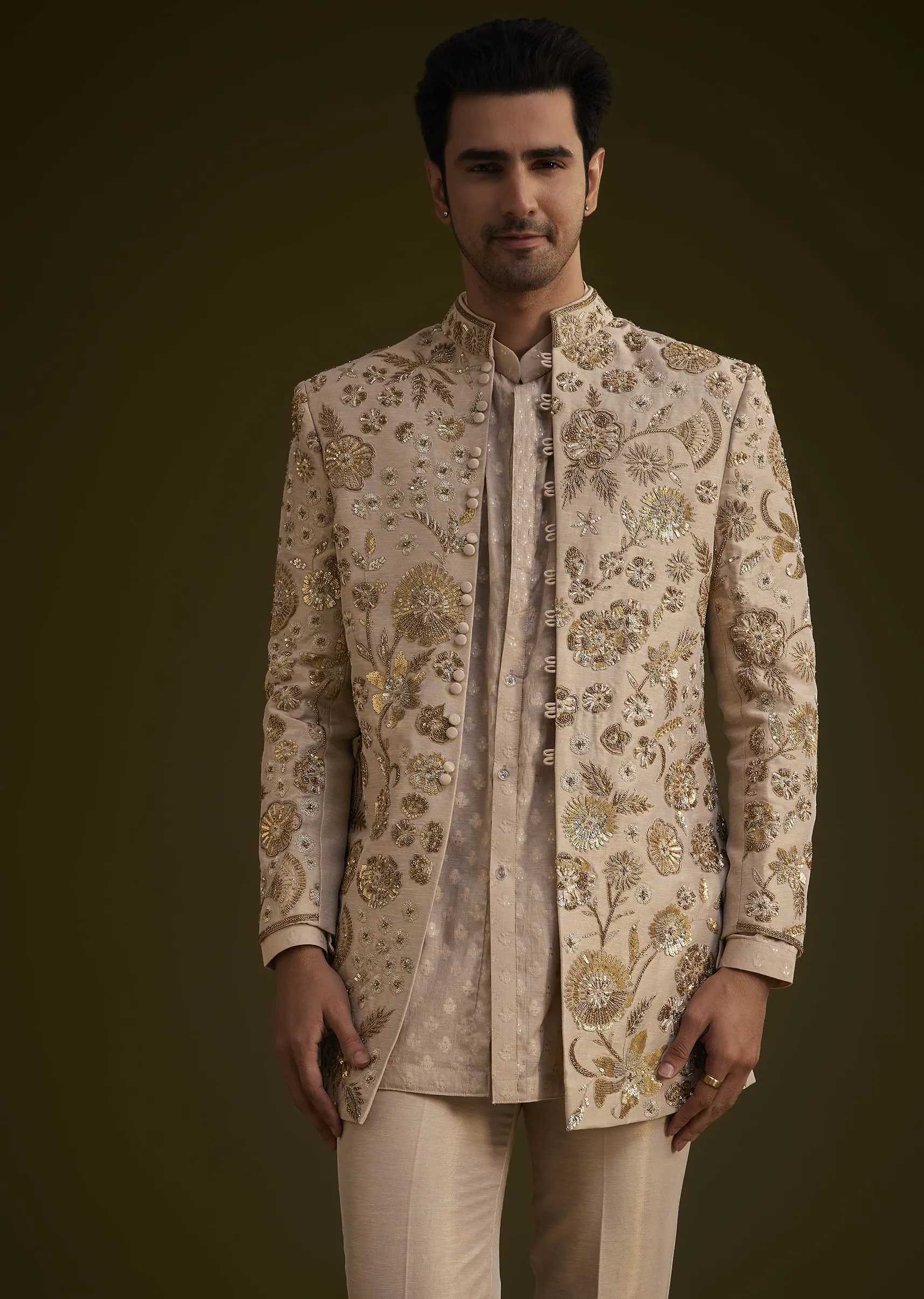 Gold Silk Indowestern Suit With Floral Zardosi Embroidery