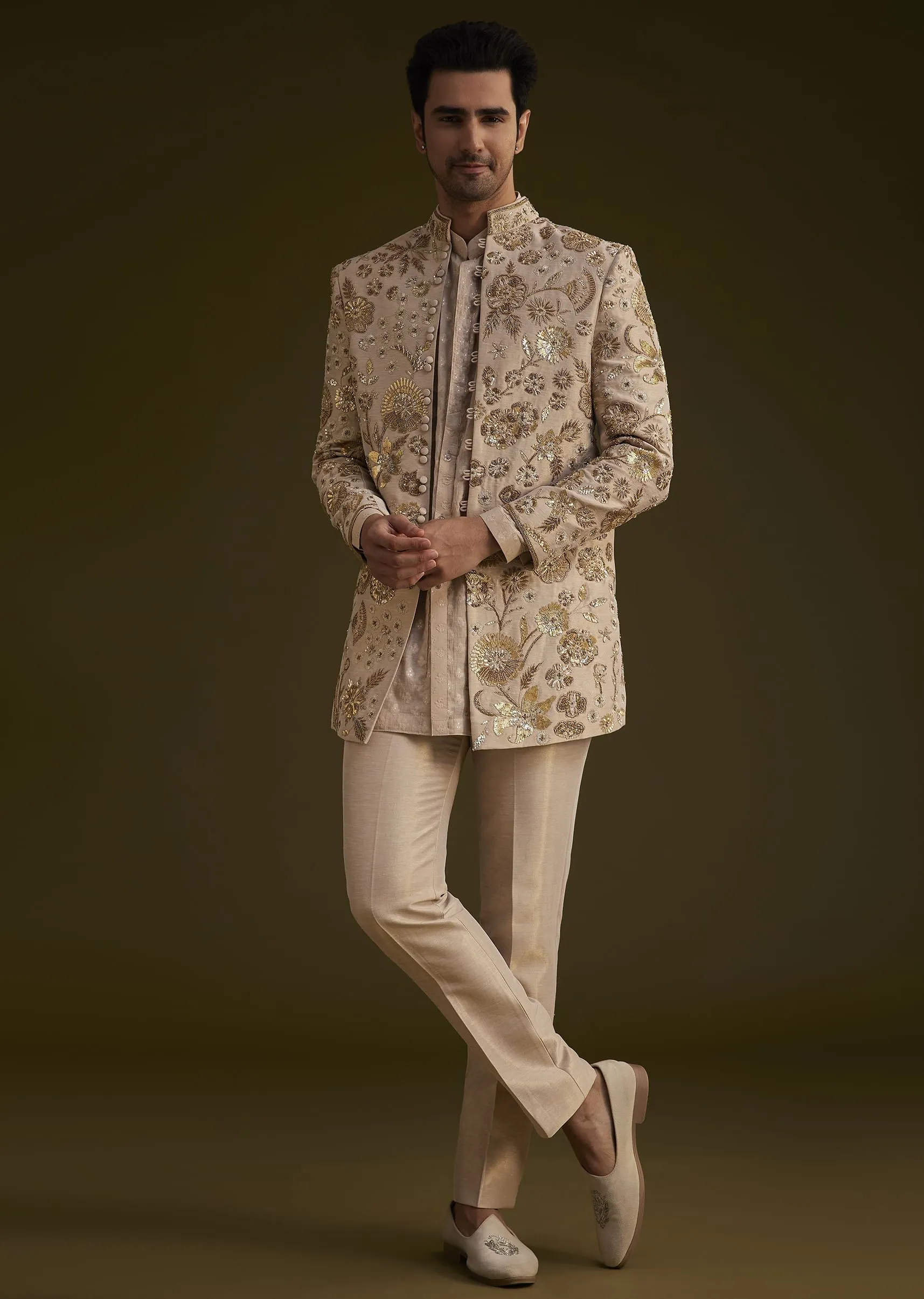 Gold Silk Indowestern Suit With Floral Zardosi Embroidery
