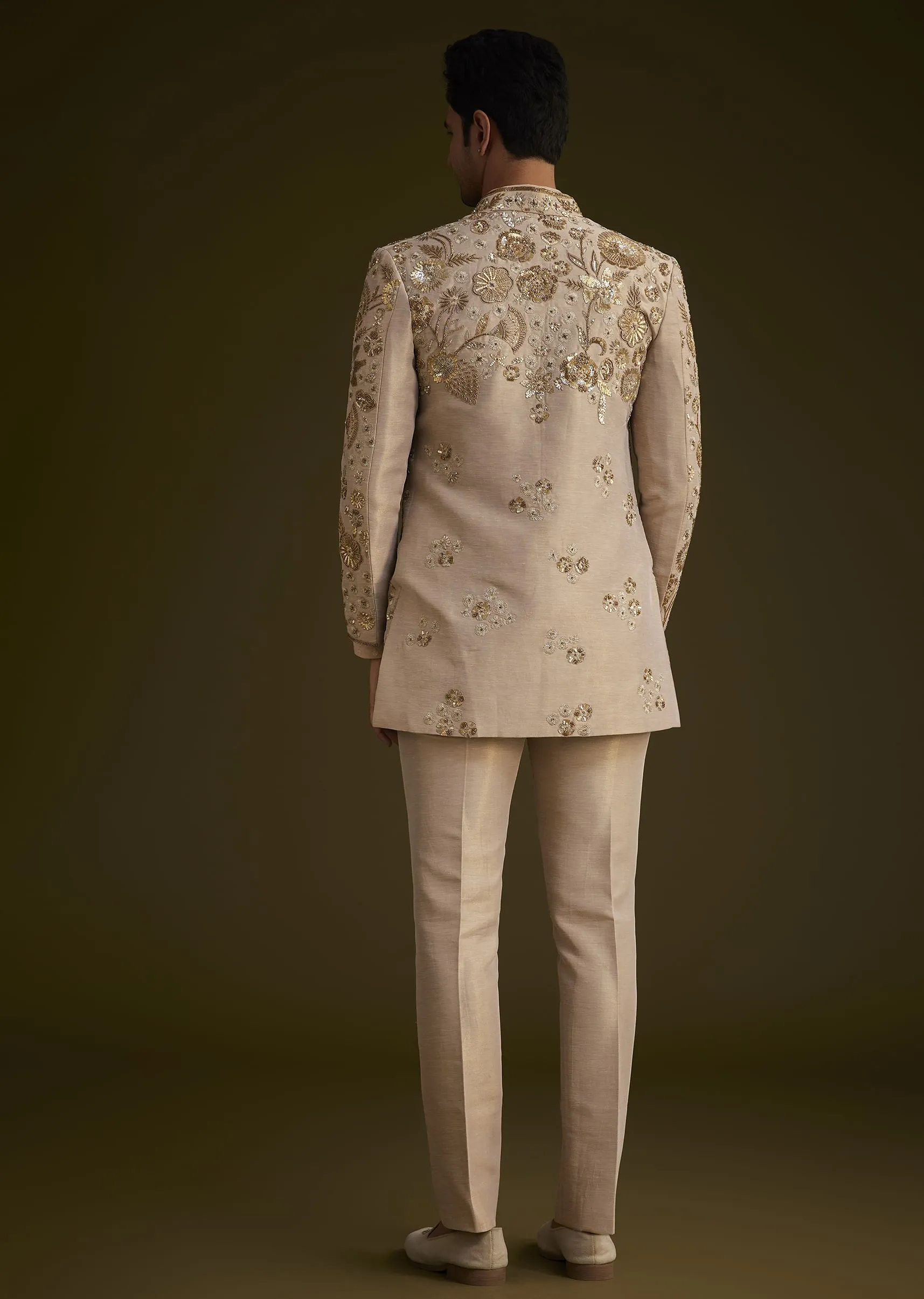 Gold Silk Indowestern Suit With Floral Zardosi Embroidery