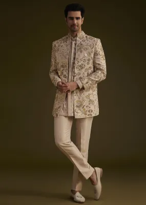 Gold Silk Indowestern Suit With Floral Zardosi Embroidery