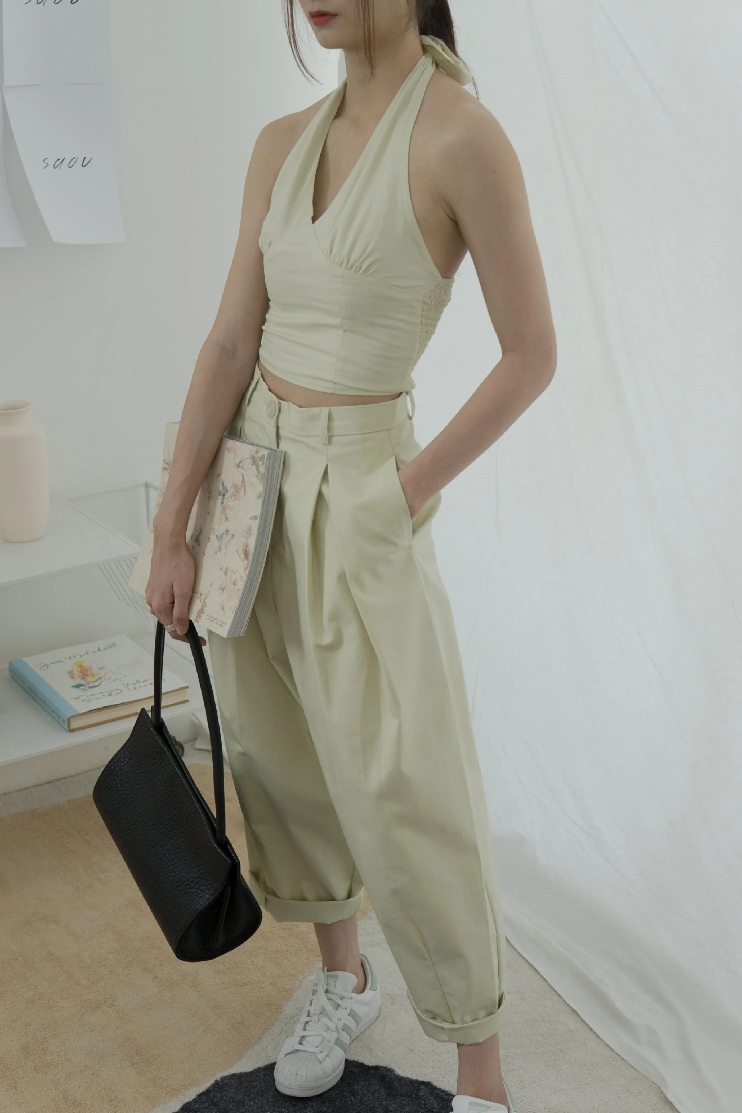 High-Waisted, Wide-Legged Nine-Point Pants In Light Green