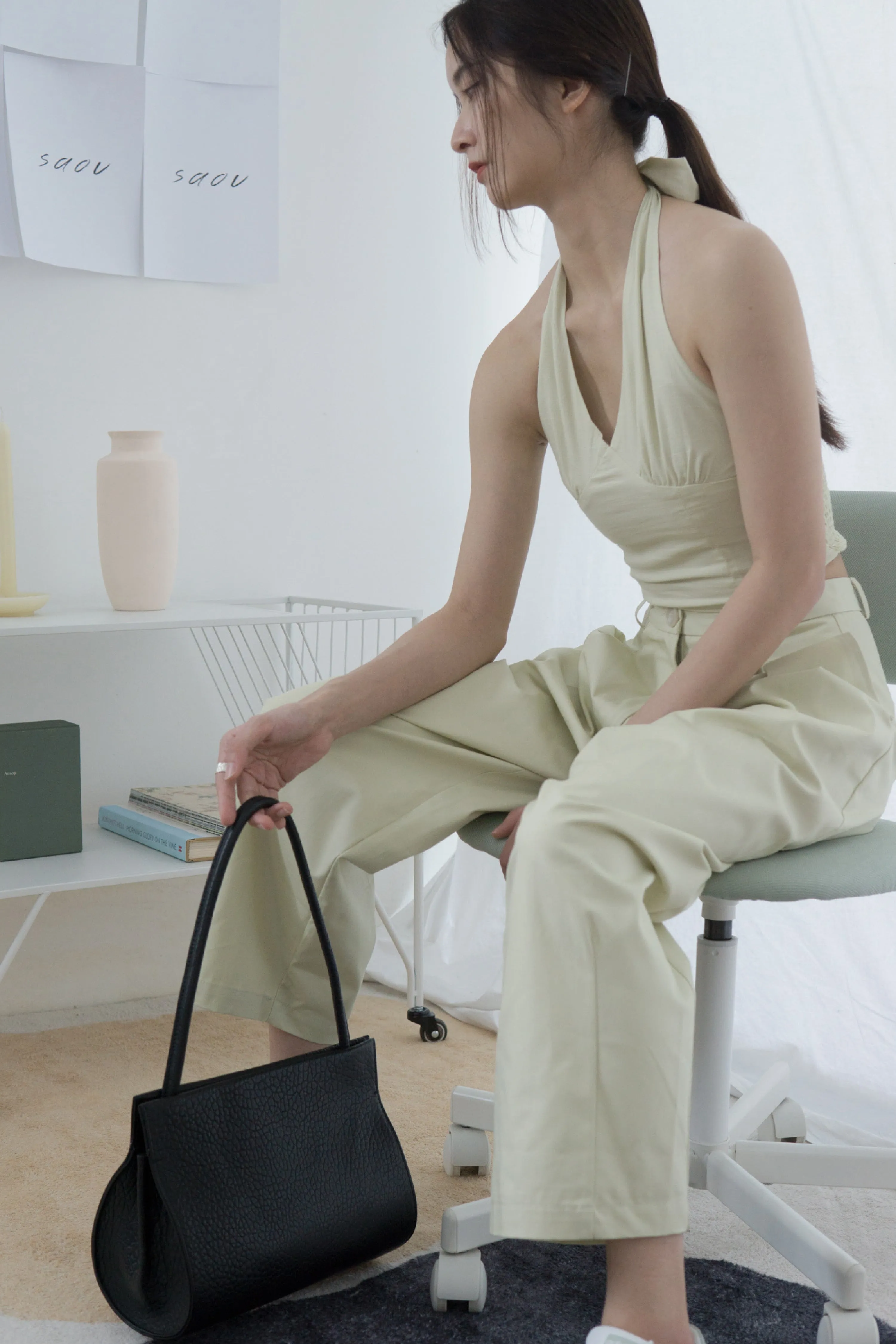 High-Waisted, Wide-Legged Nine-Point Pants In Light Green