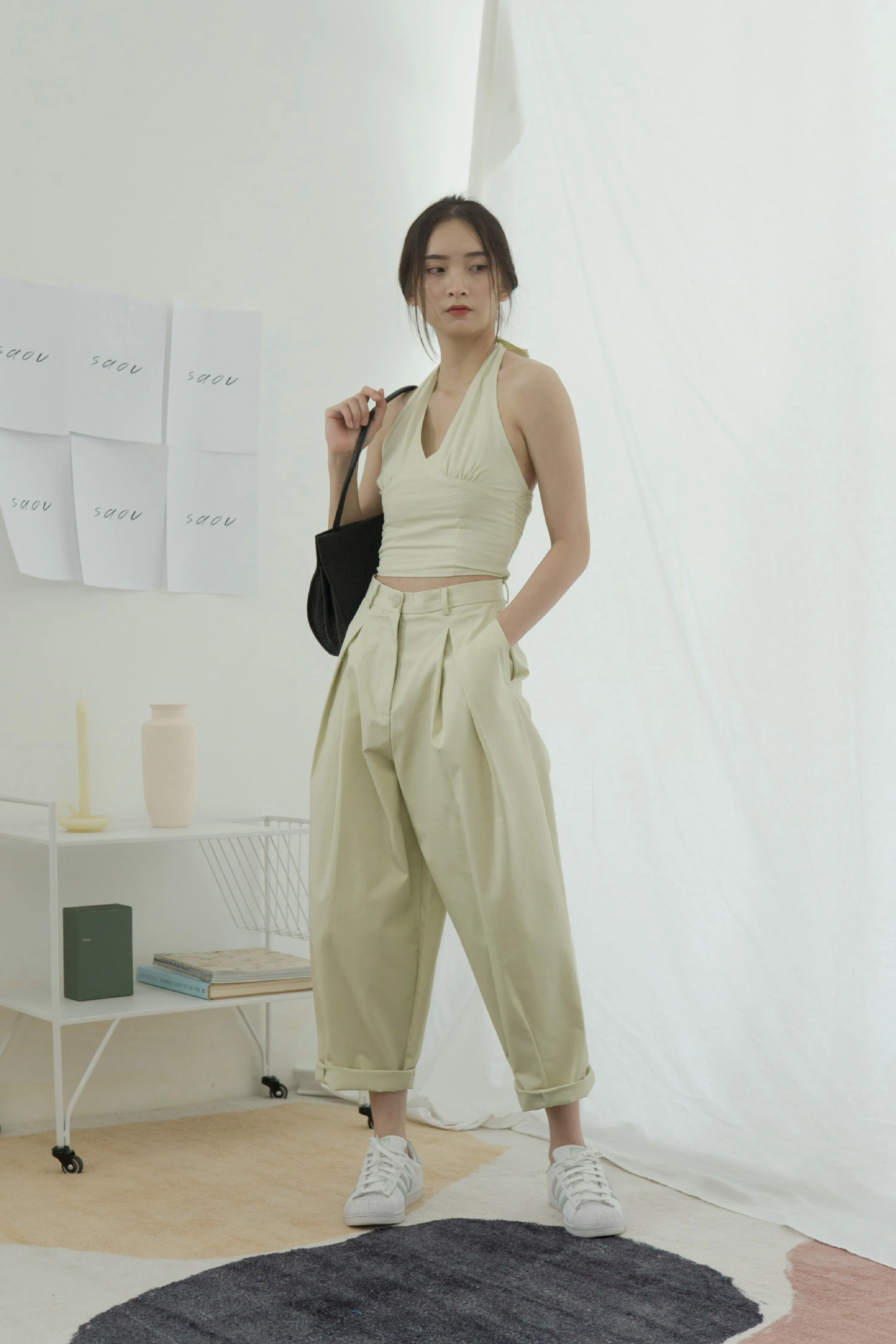 High-Waisted, Wide-Legged Nine-Point Pants In Light Green