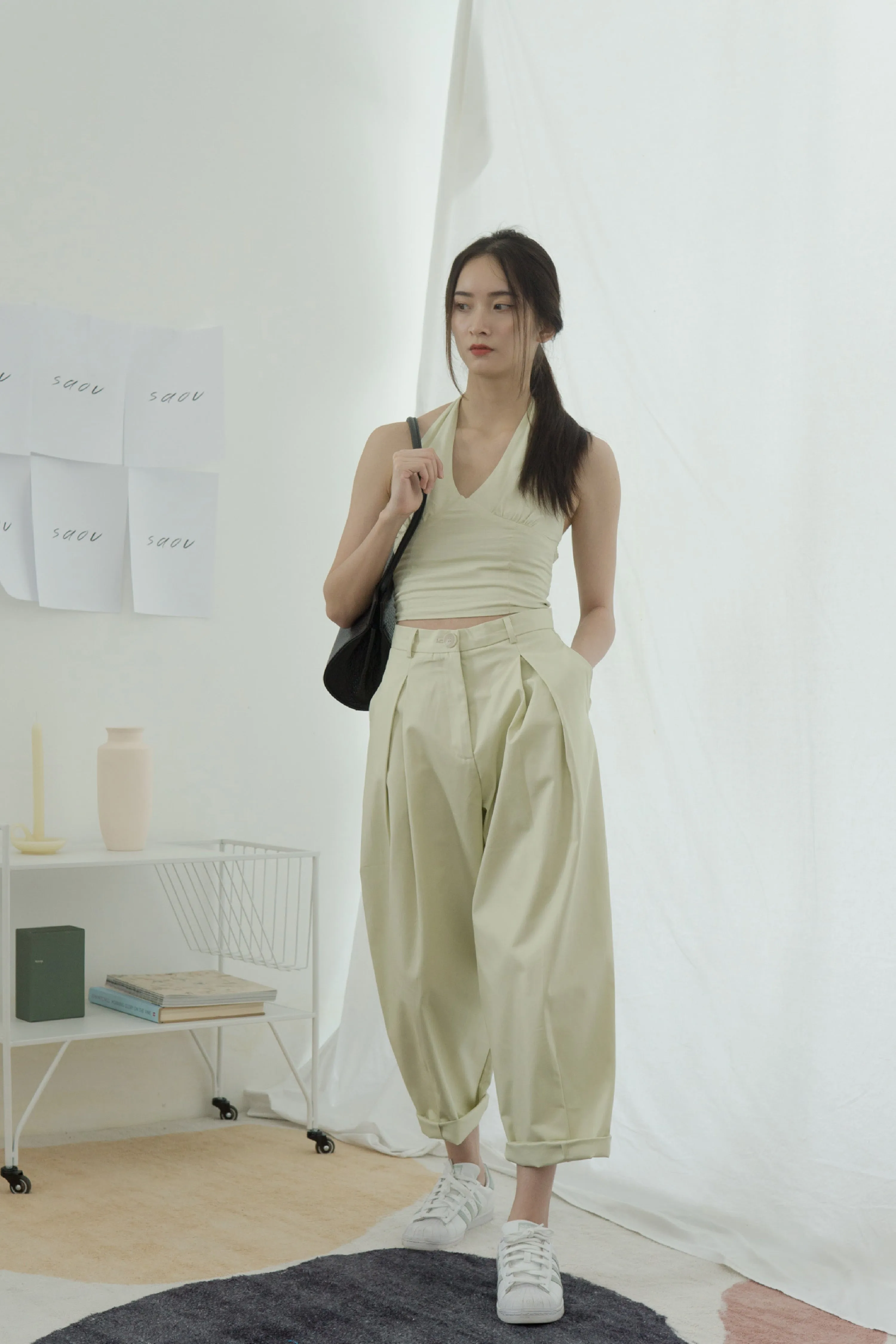 High-Waisted, Wide-Legged Nine-Point Pants In Light Green