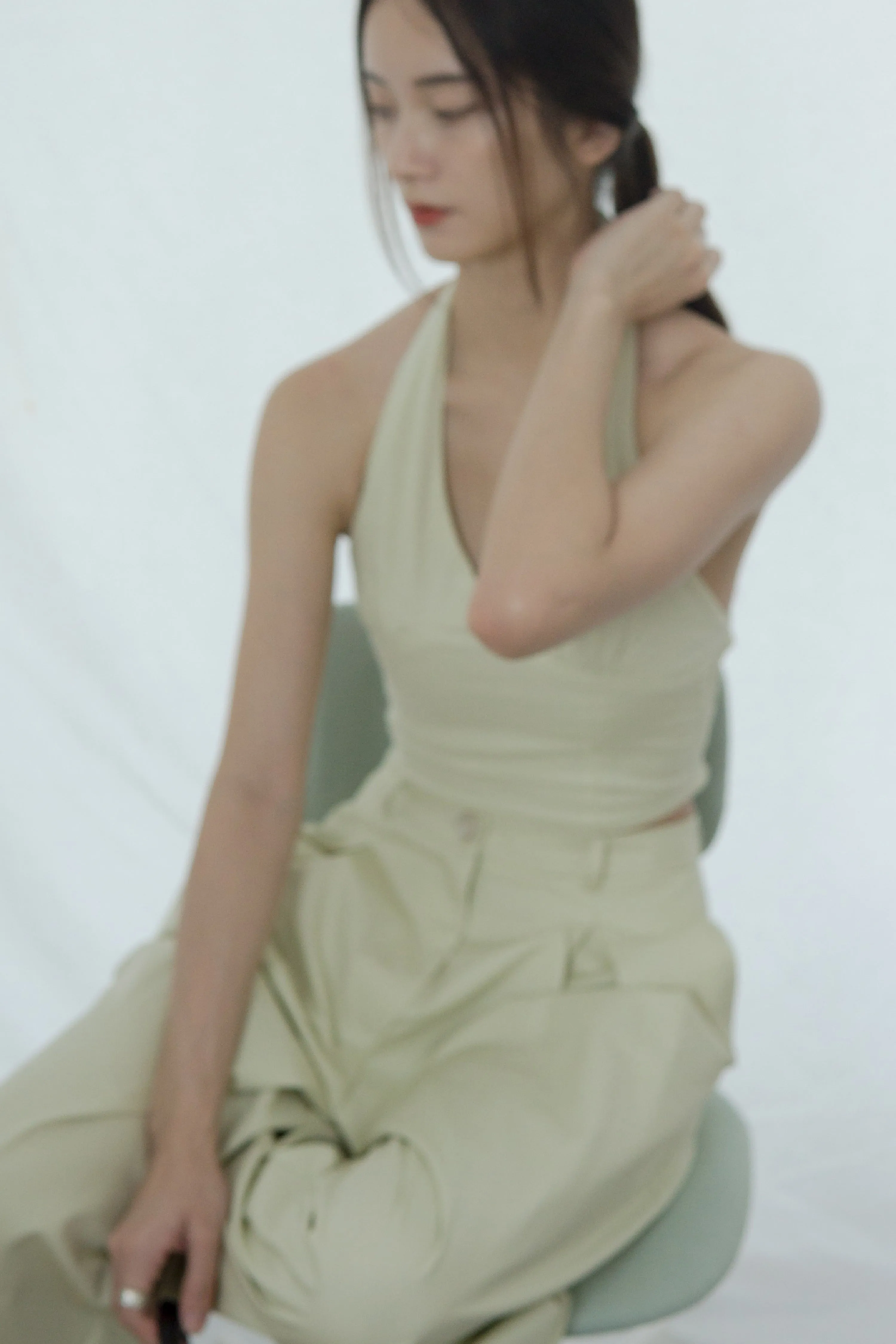 High-Waisted, Wide-Legged Nine-Point Pants In Light Green