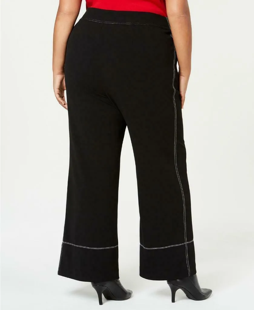 INC Women Plus Black Contrast Stitch Wide Leg Slit Front Stretch