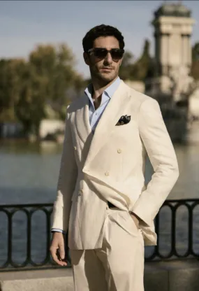 Italian White Linen Herringbone Double Breasted Two Suit