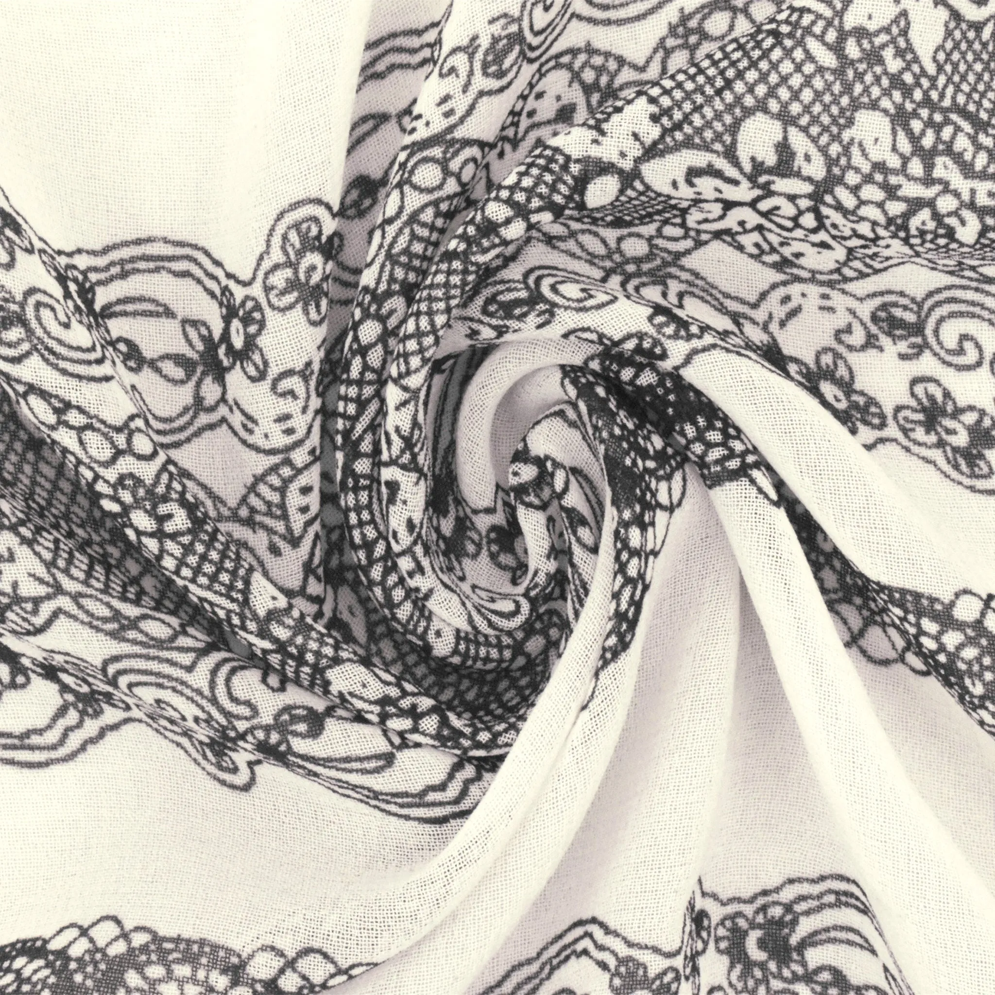 Ivory-Black Lace Stripe Printed Poly Chiffon Woven Fabric