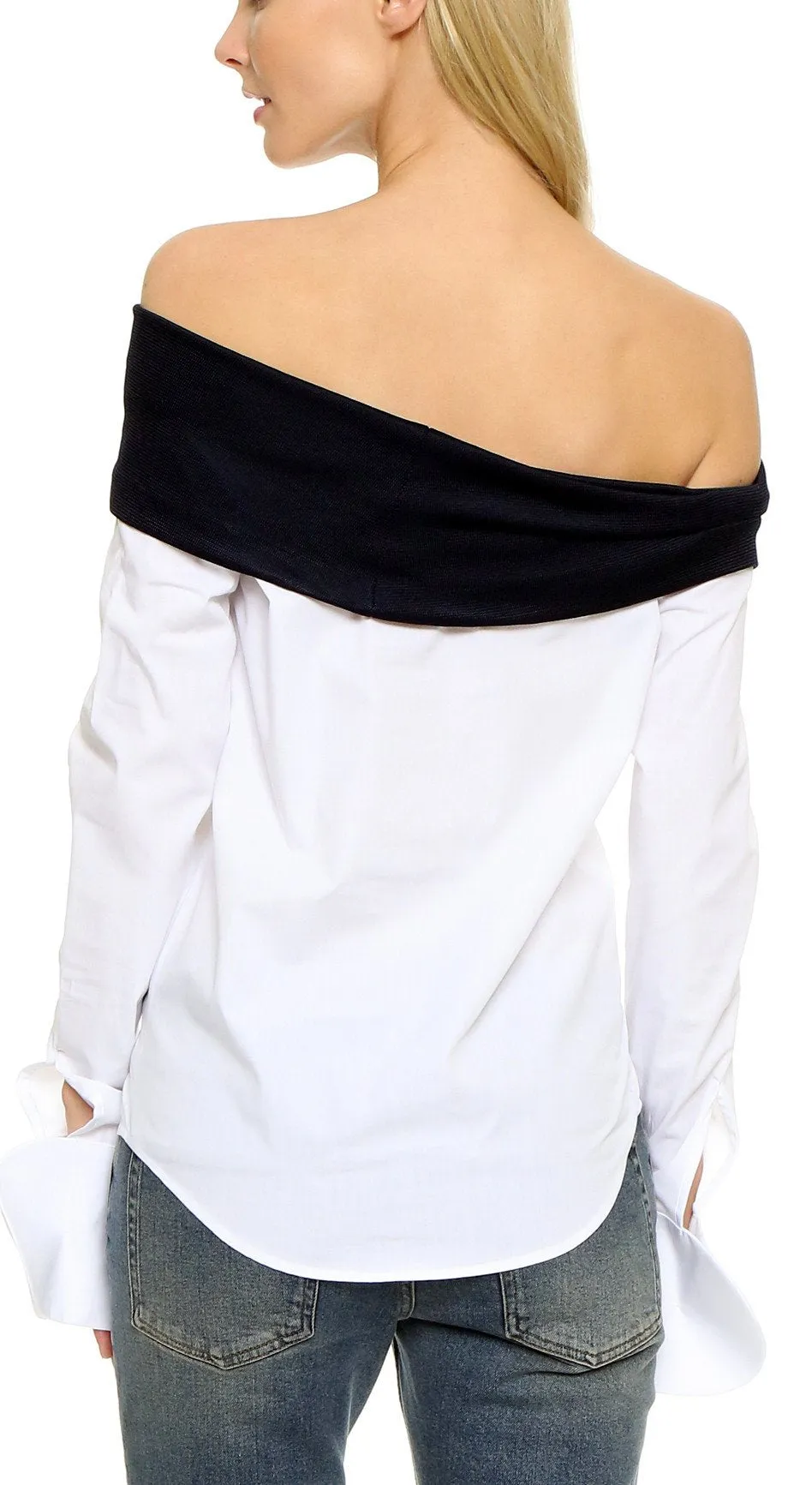 Knit Off-Shoulder Panel Shirt in White