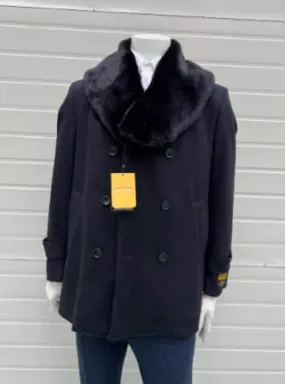 Mens Black Overcoat - Mens Pea coats With Fur Collar - Wool Black Peacoats
