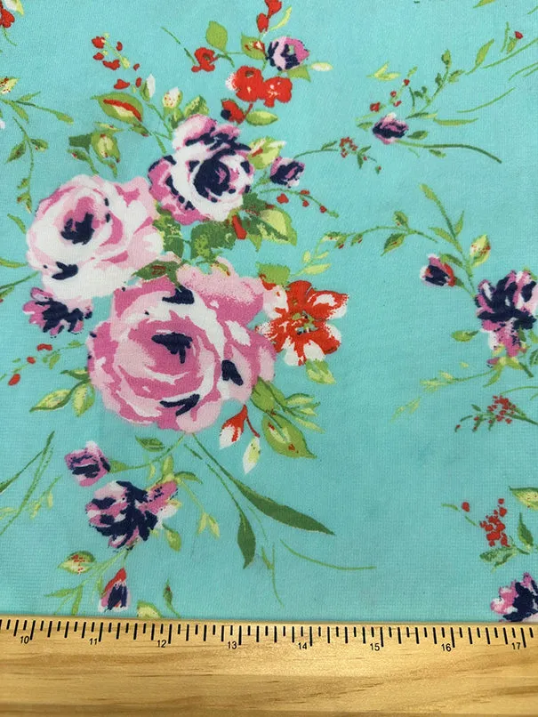 Mint Green Floral Print Poly Chiffon Fabric