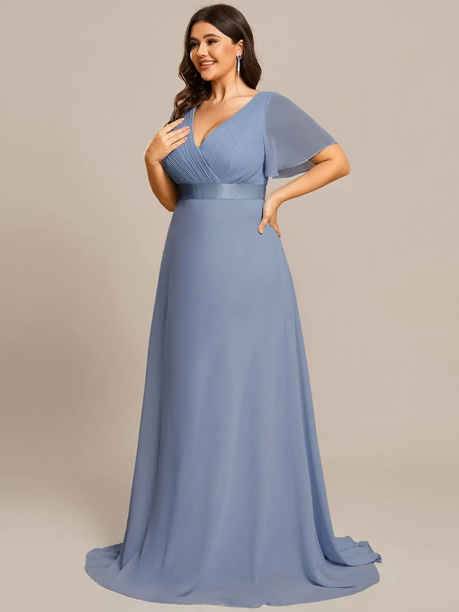 Monica | Plus Size Empire Waist V Back Bridesmaid Dress with Short Sleeves