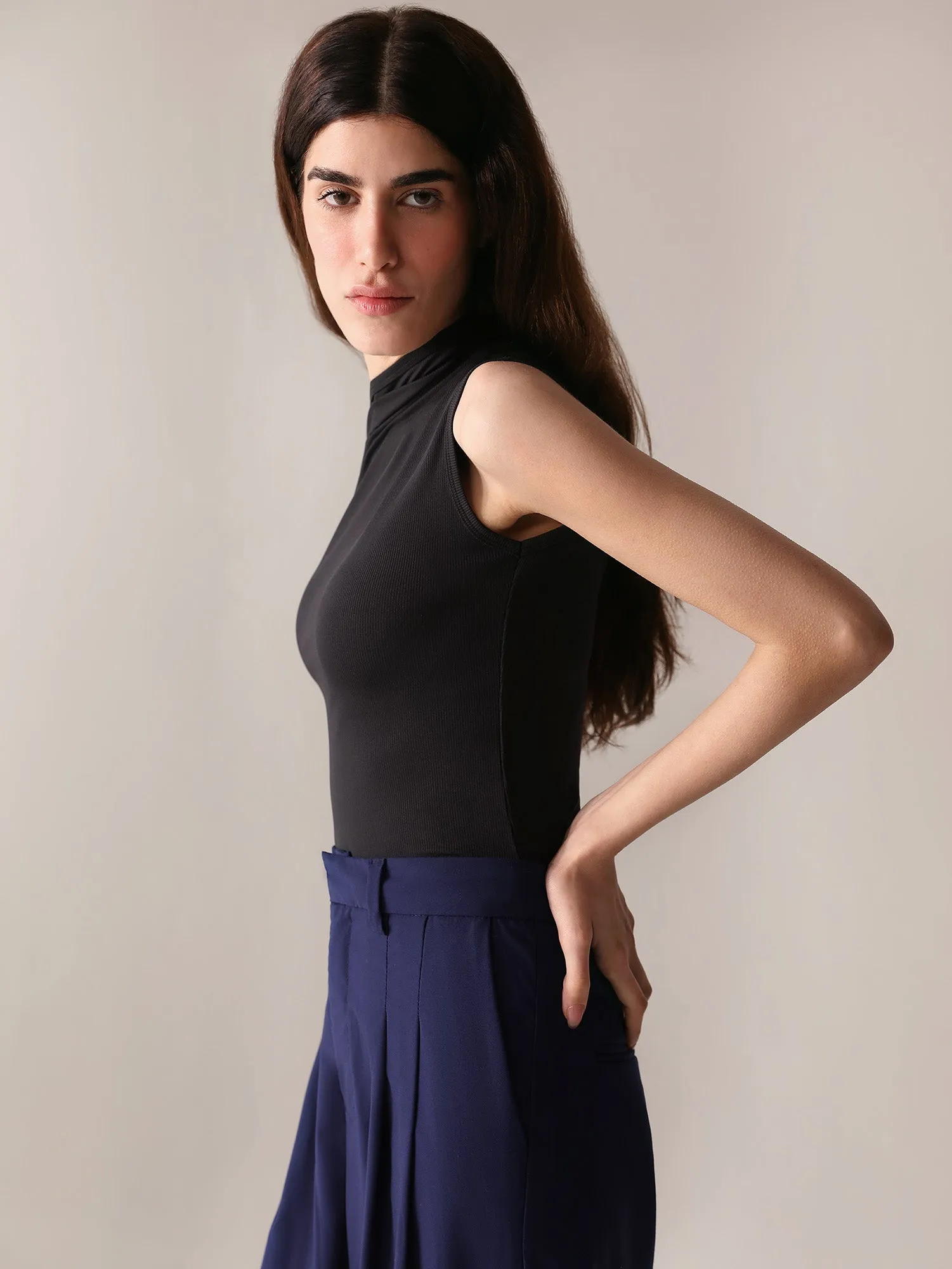 Navy Wide Leg With Double Pleats