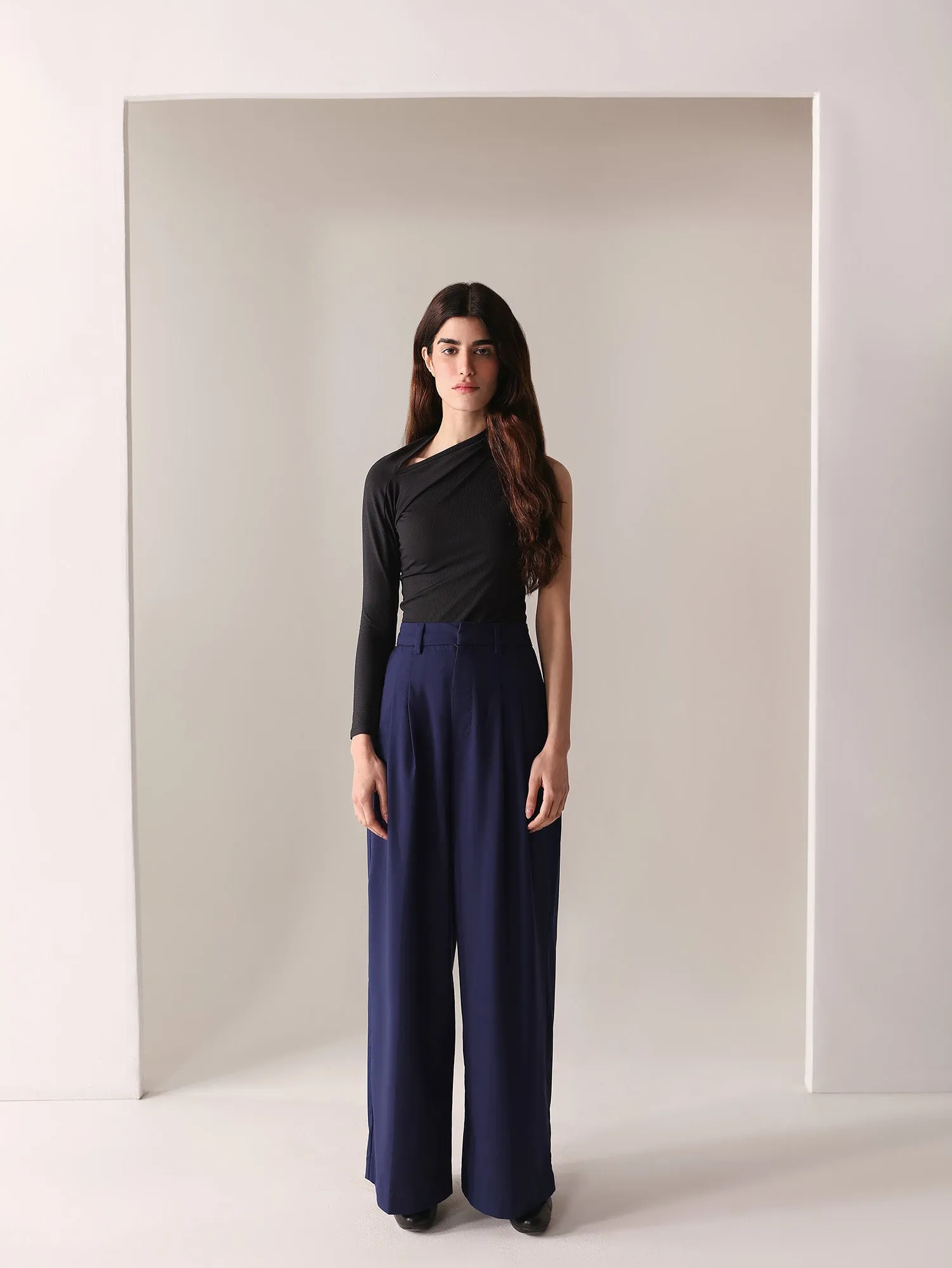 Navy Wide Leg With Double Pleats
