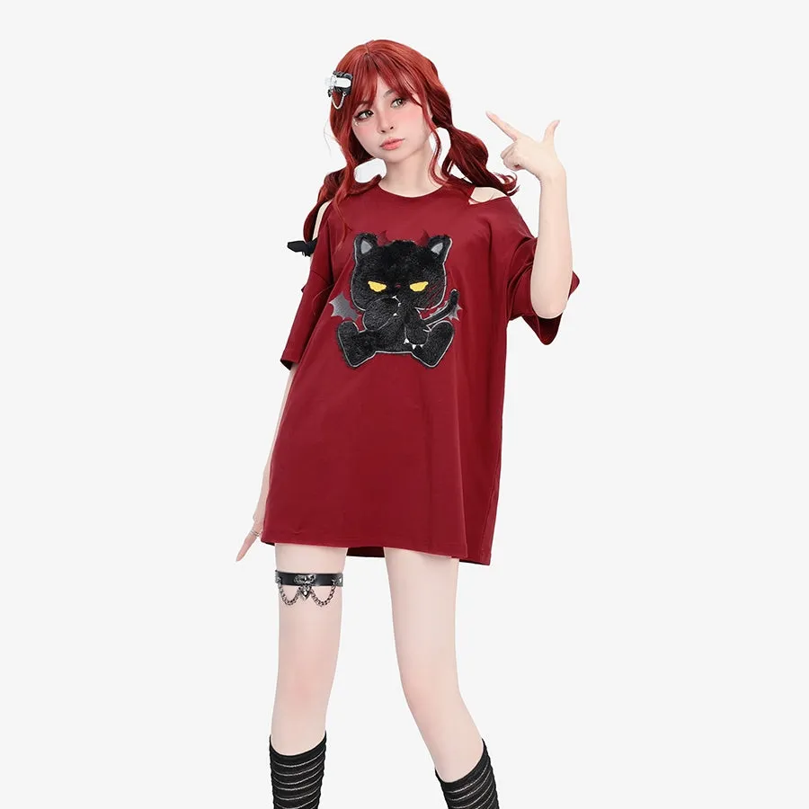 Sweet Cool Style Little Devil Cat Embroidered Off-shoulder T-shirt