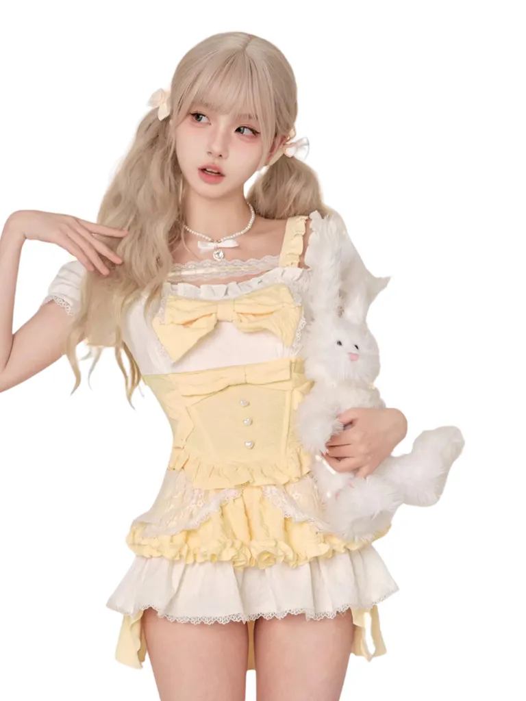 Top Sandwich Milk Yellow Off-Shoulder Ribbon Sleeve Skirt   Puff