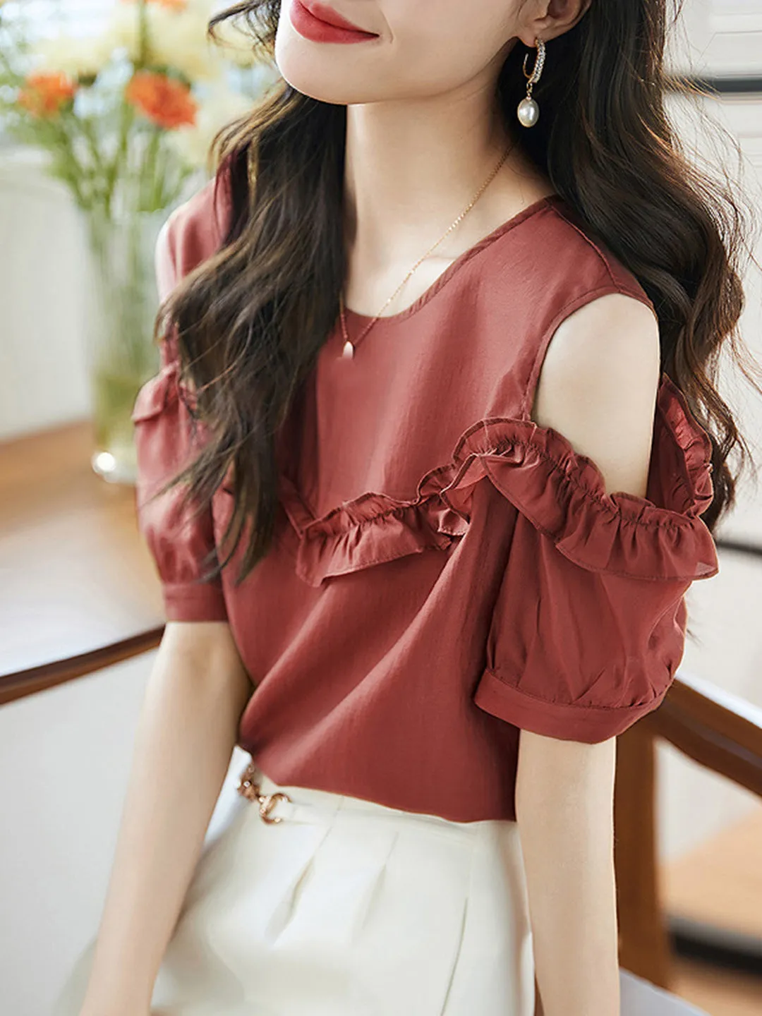Trinity Vacation Ruffled Off Shoulder Shirt