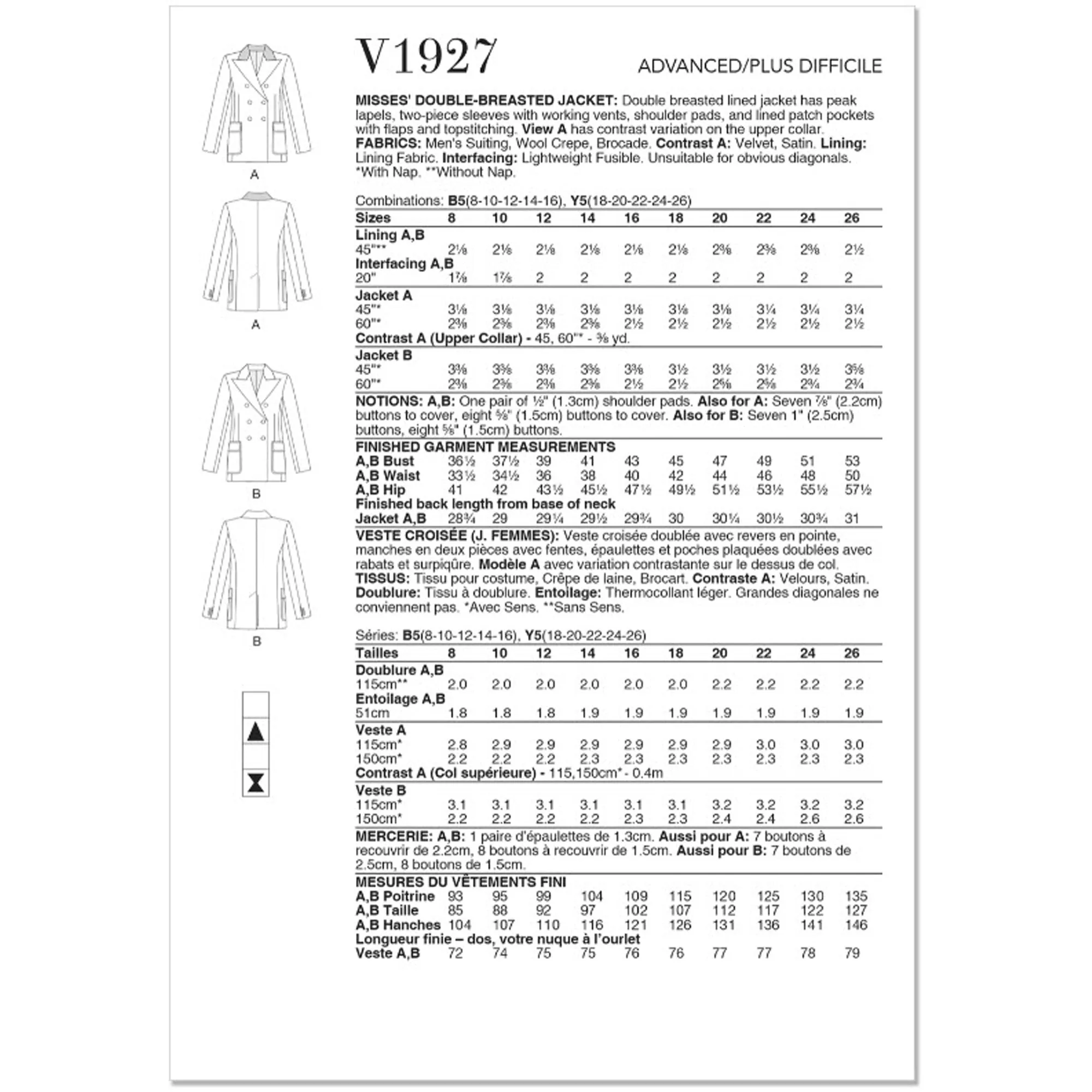 V1927 Misses' Double-Breasted Jacket