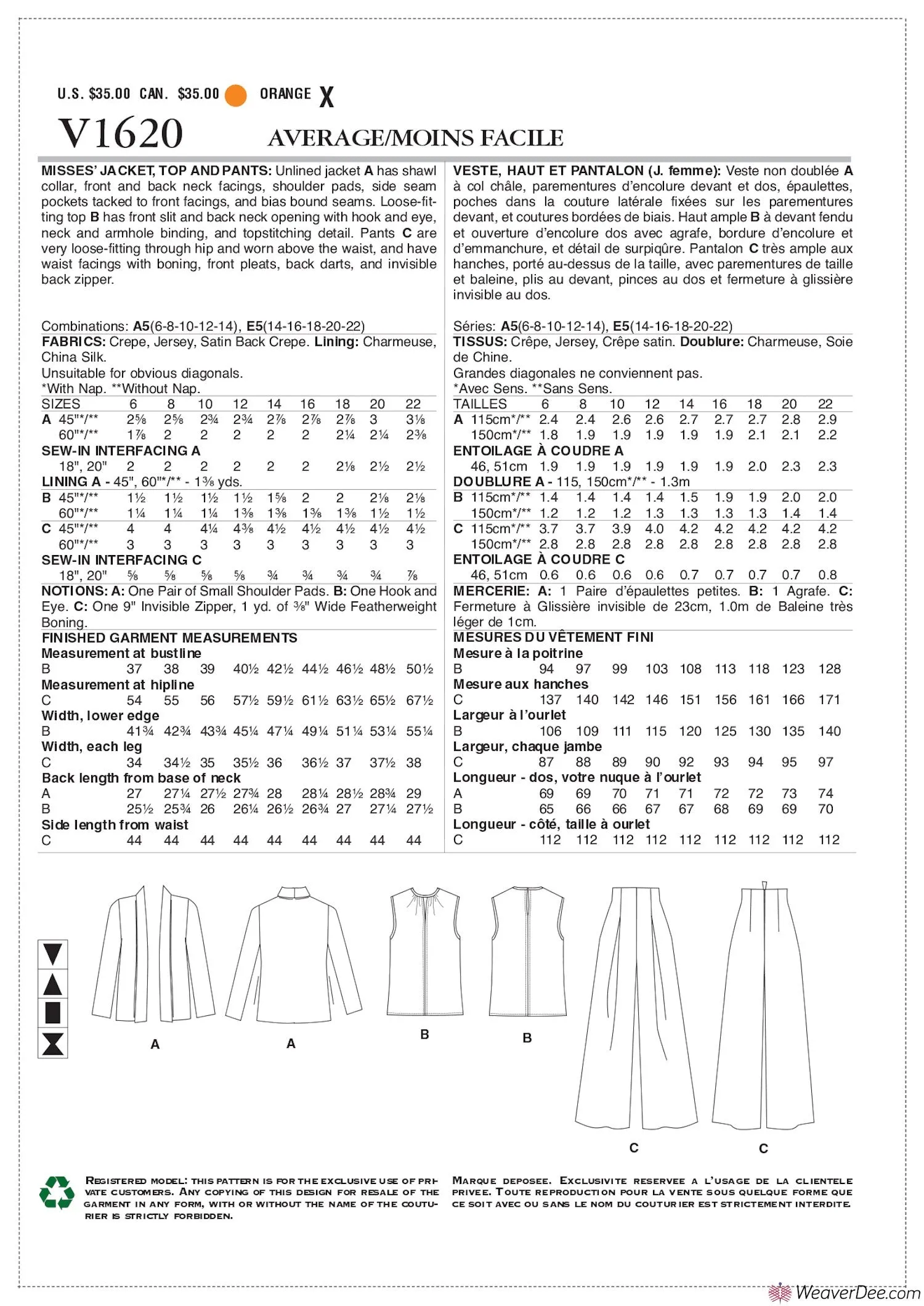 Vogue Pattern V1620 Misses' Jacket, Top & Trousers